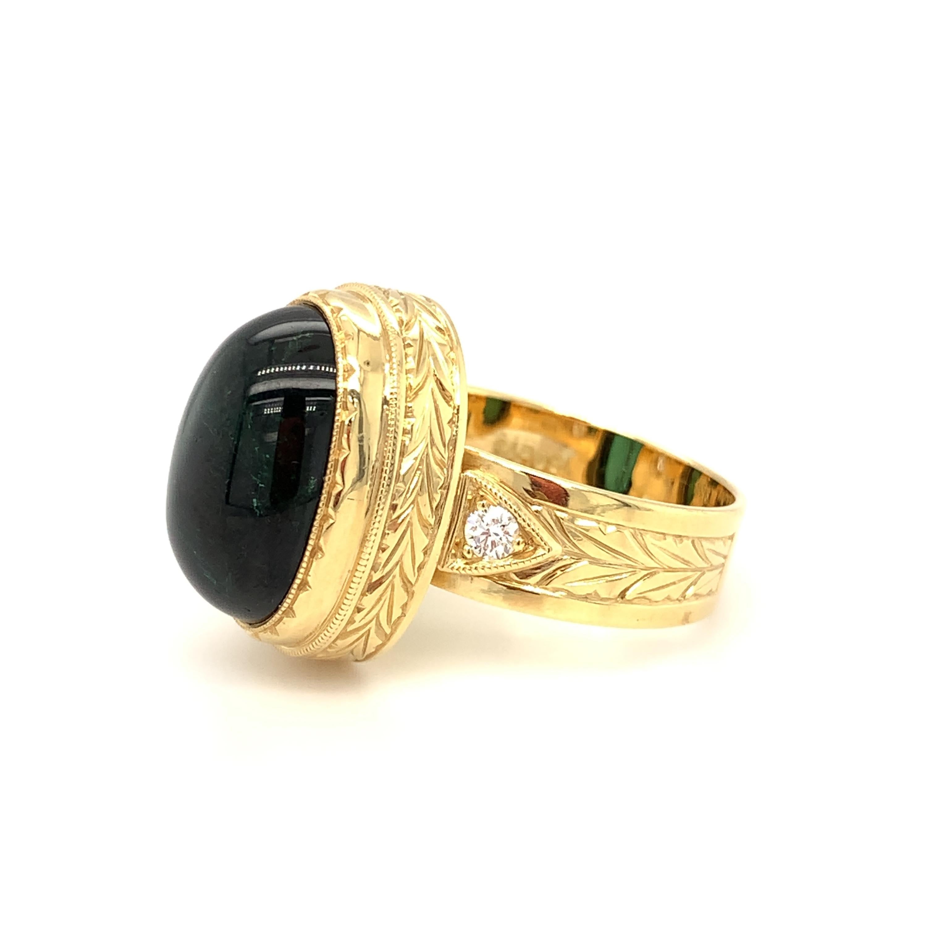 Women's or Men's Green Tourmaline Cabochon and Diamond Band Ring in Engraved Yellow Gold For Sale