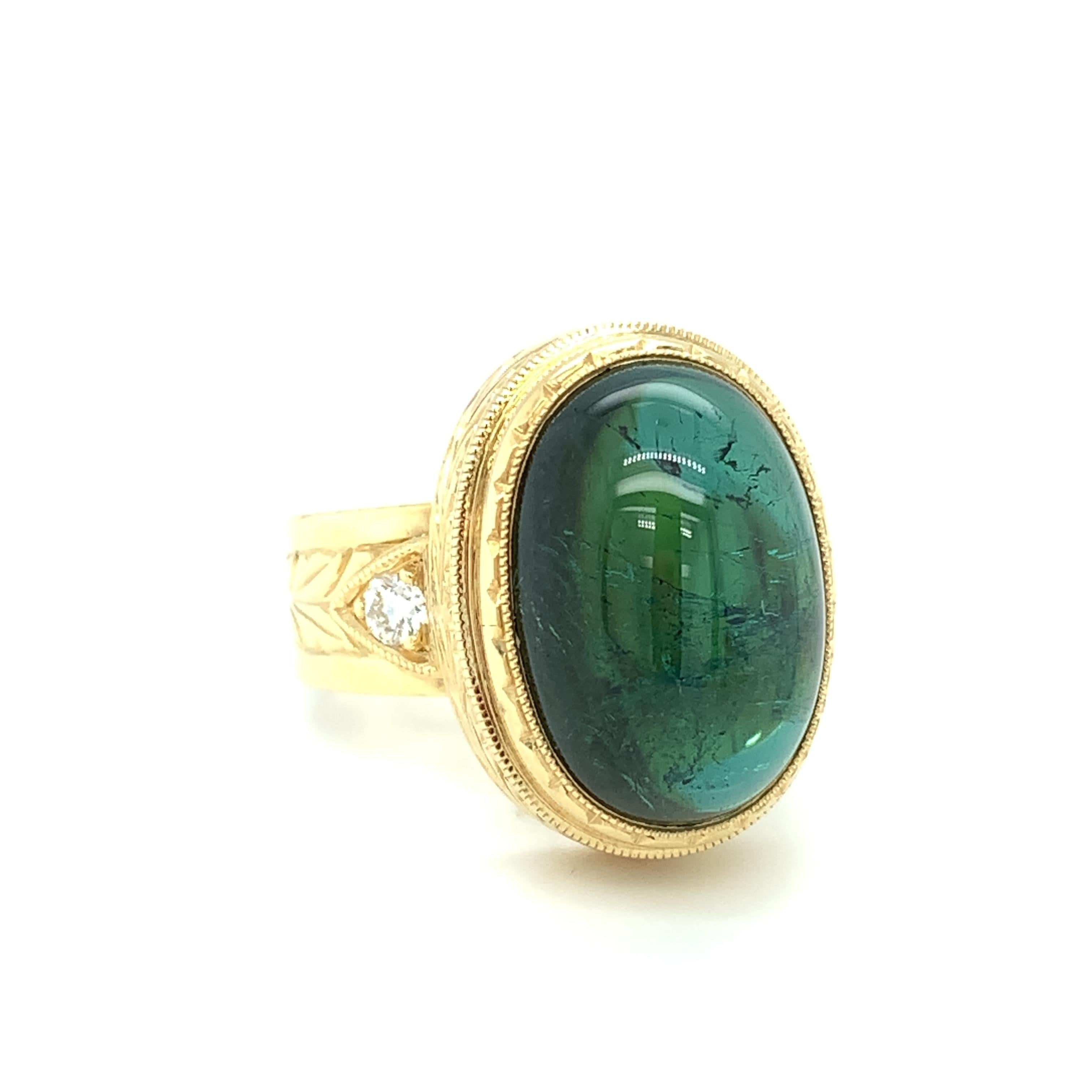 Artisan Green Tourmaline Cabochon and Diamond Band Ring in Engraved Yellow Gold For Sale