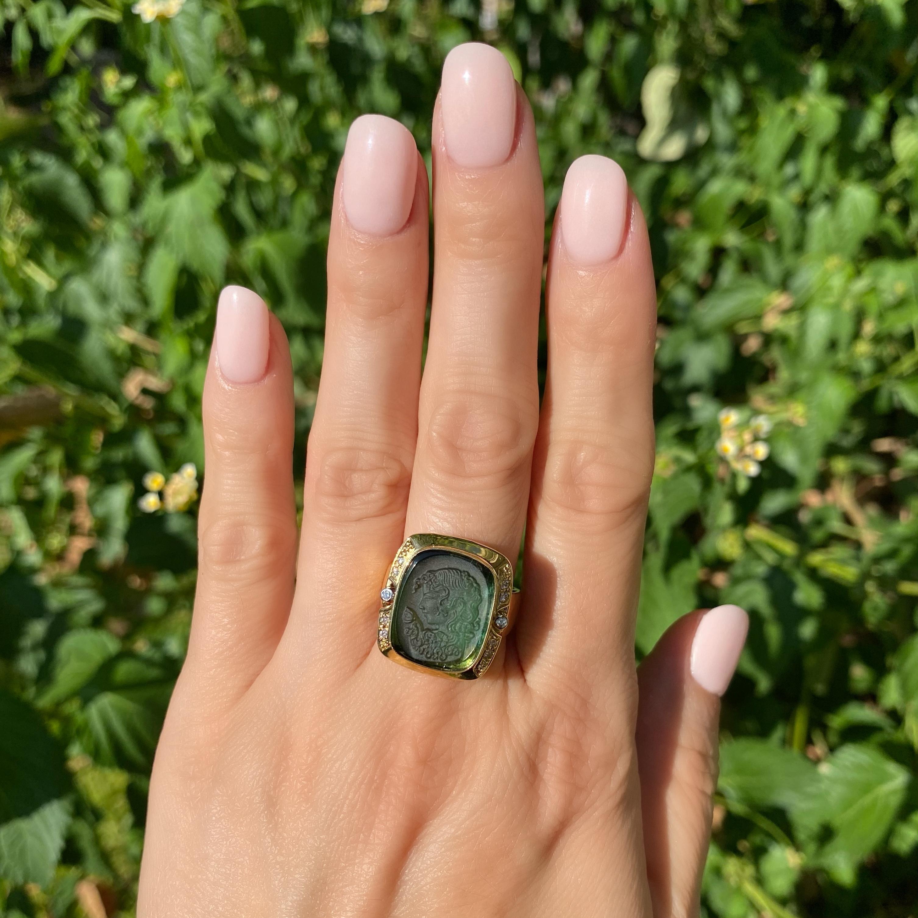 Contemporary Green Tourmaline Carved Cameo and Diamond Gold Ring Estate Fine Jewelry