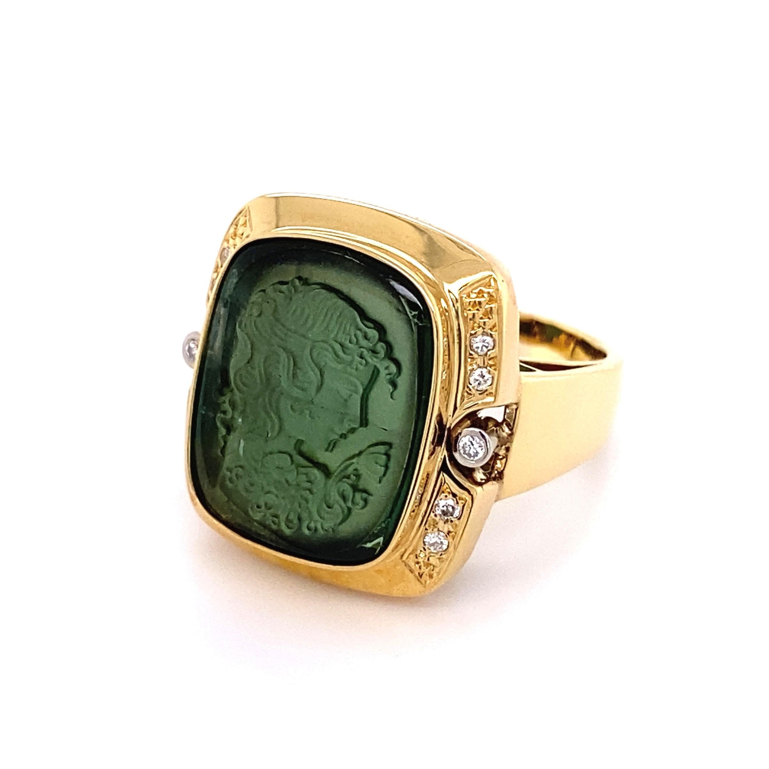 Mixed Cut Green Tourmaline Carved Cameo and Diamond Gold Ring Estate Fine Jewelry
