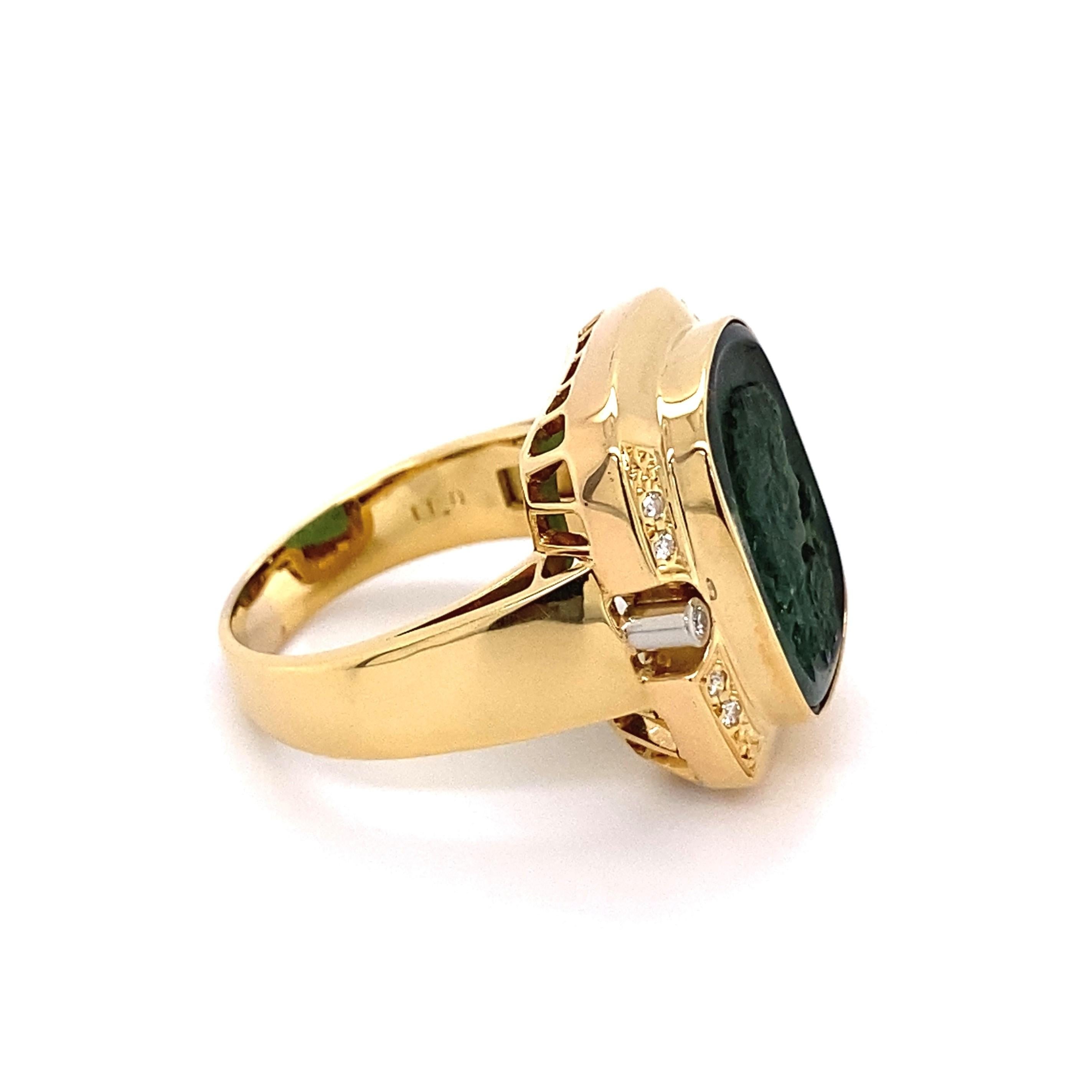 Women's Green Tourmaline Carved Cameo and Diamond Gold Ring Estate Fine Jewelry