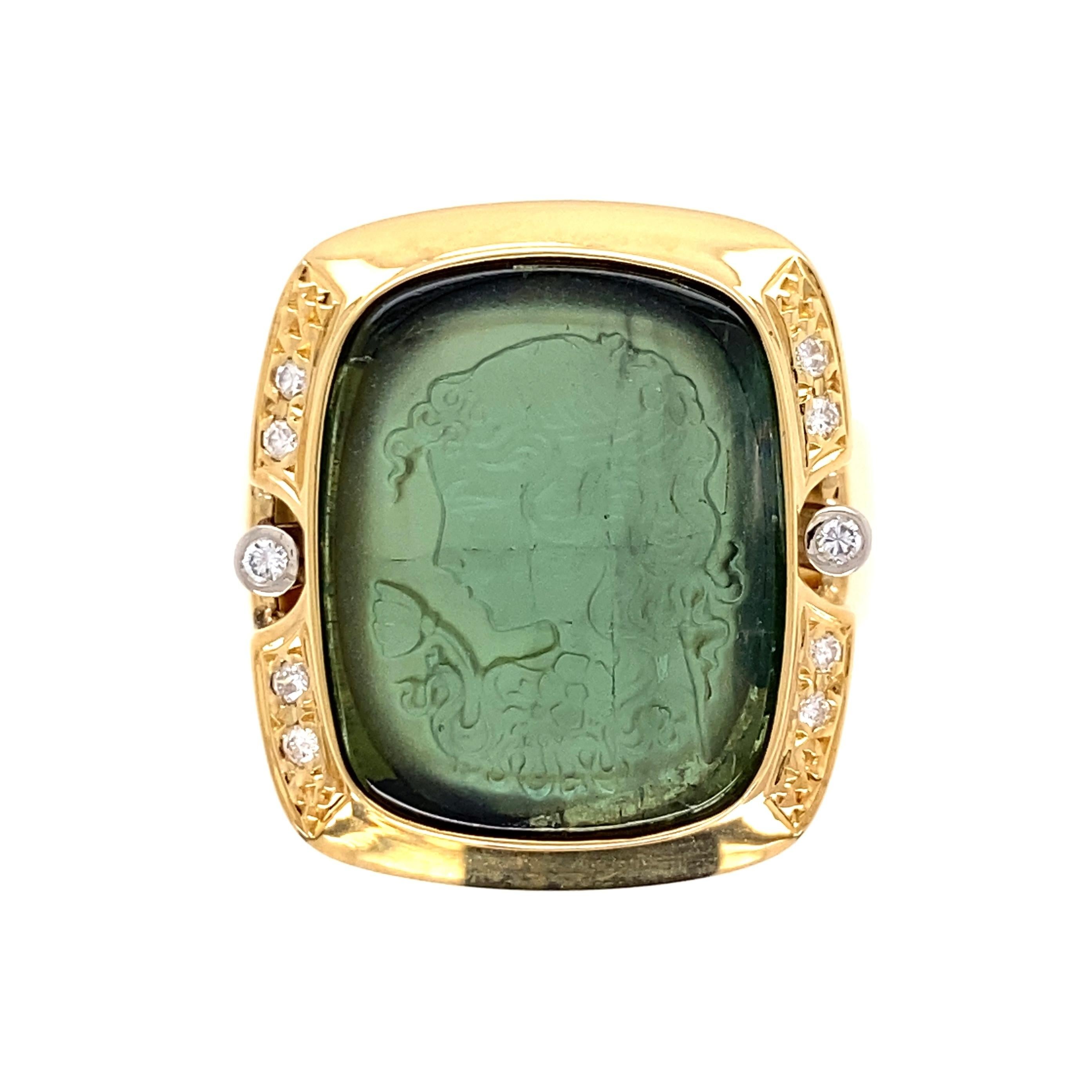 Green Tourmaline Carved Cameo and Diamond Gold Ring Estate Fine Jewelry 1