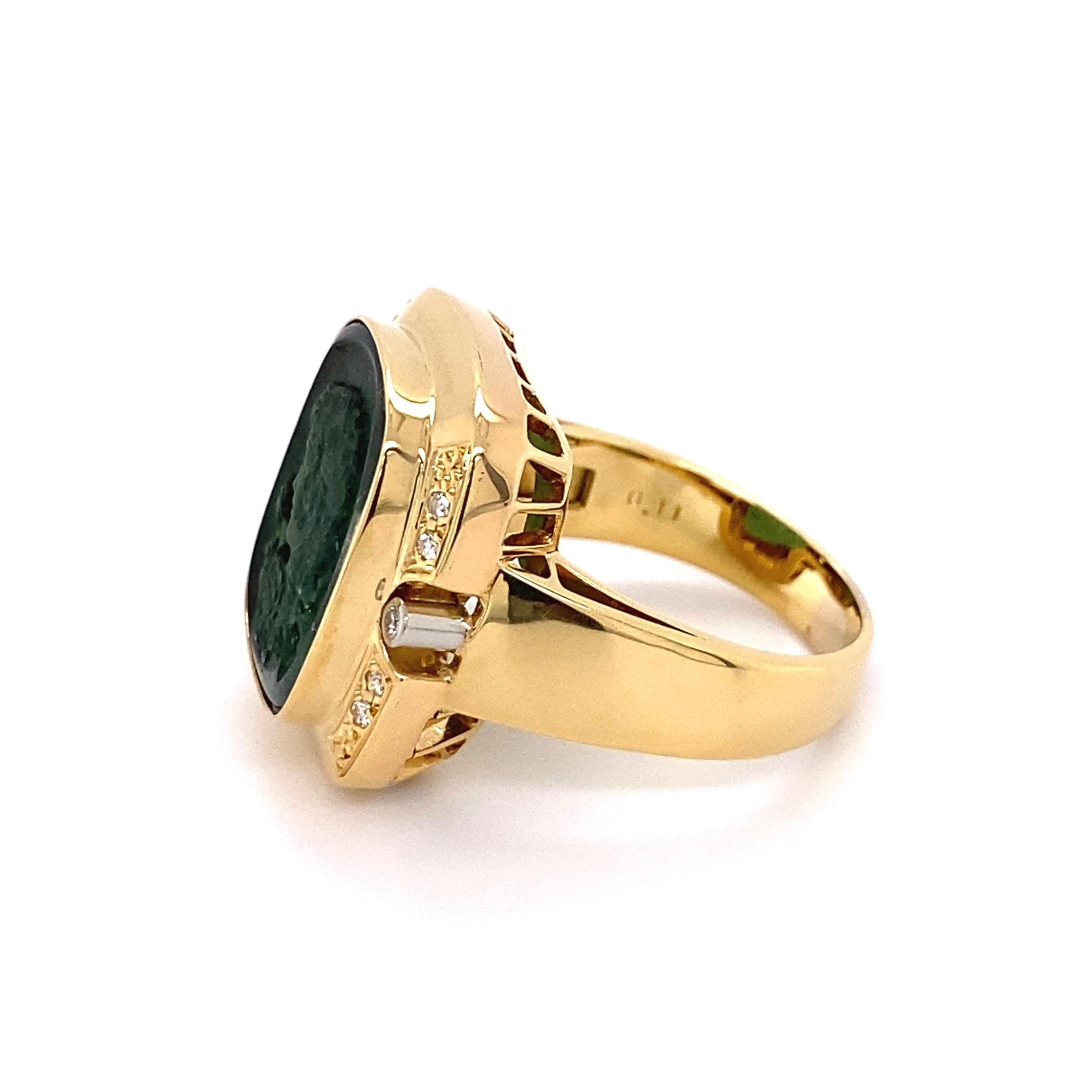 Green Tourmaline Carved Cameo and Diamond Gold Ring Estate Fine Jewelry 2