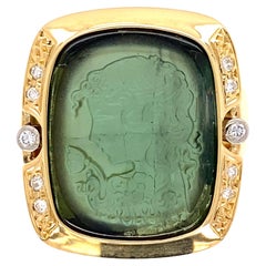 Green Tourmaline Carved Cameo and Diamond Gold Ring Estate Fine Jewelry