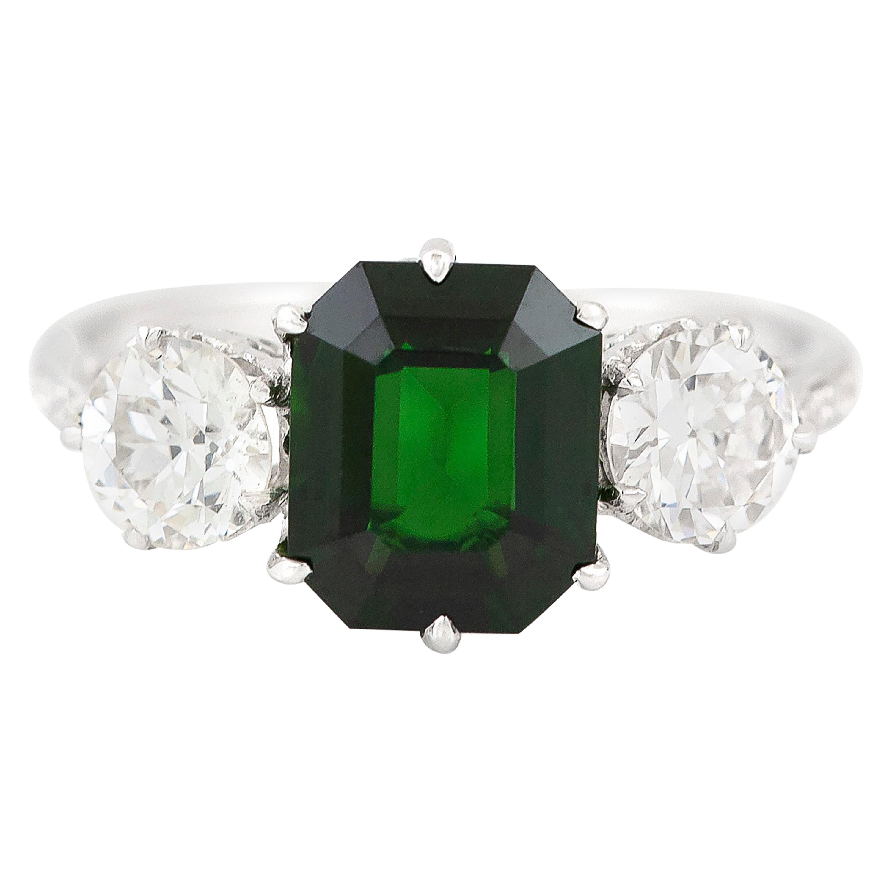 Green Tourmaline Center Stone with Two Diamonds Engagement Ring For Sale