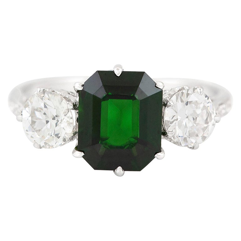 Green Tourmaline Center Stone with Two Diamonds Engagement Ring For