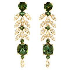 Green Tourmaline Chandelier Earrings With Diamonds 4.41 Carats 18K Yellow Gold