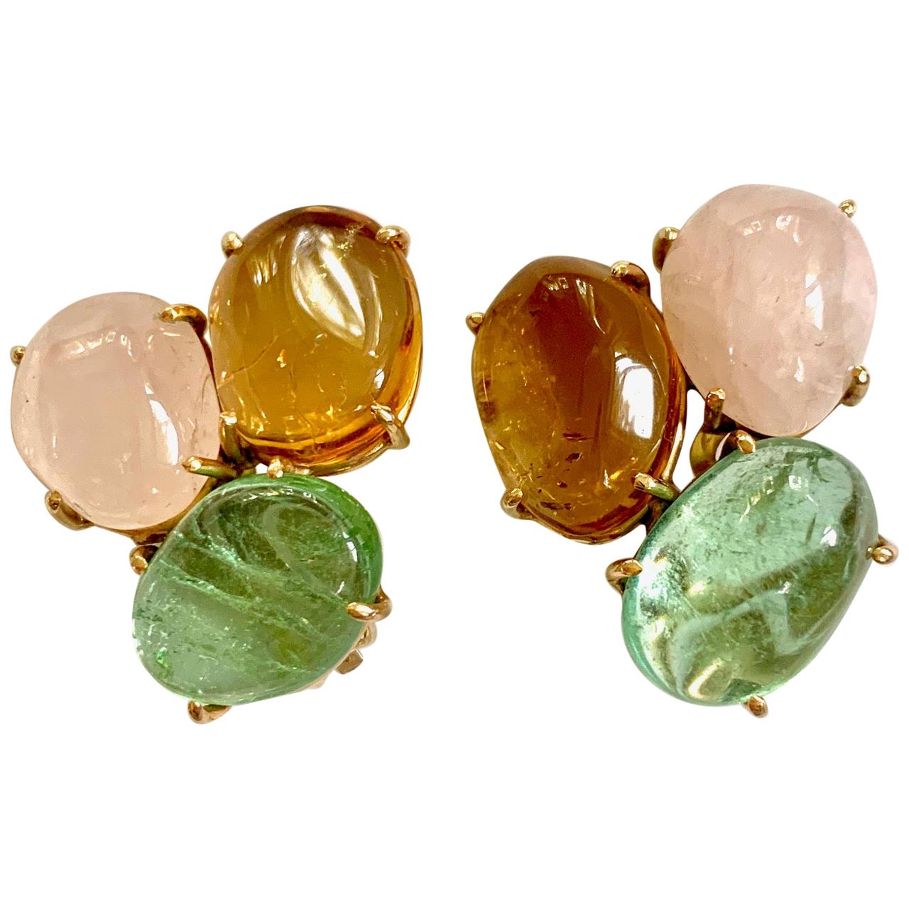Green Tourmaline, Citrine and Rose Quartz 14 Karat Yellow Gold Clip-On Earrings For Sale