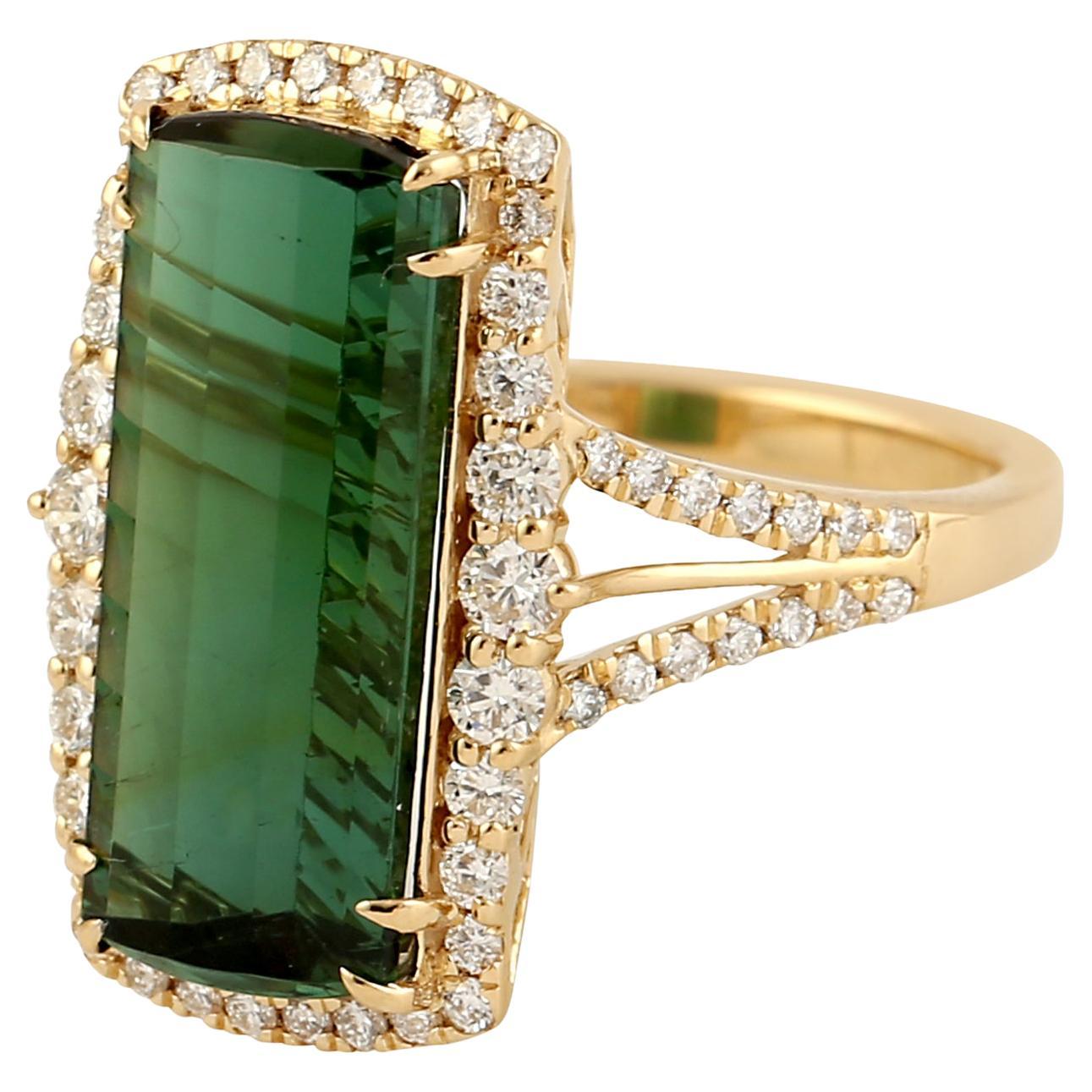Green Tourmaline Cocktail Ring With Pave Diamonds Made In 18k yellow Gold