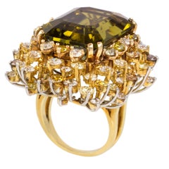 Green Tourmaline, Colored Diamond, Platinum and Gold Cocktail Ring
