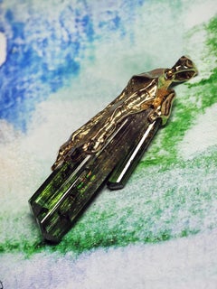 Green Tourmaline Crystal Gold Pendant witcher Bicolor Gemstone Magic Necklace