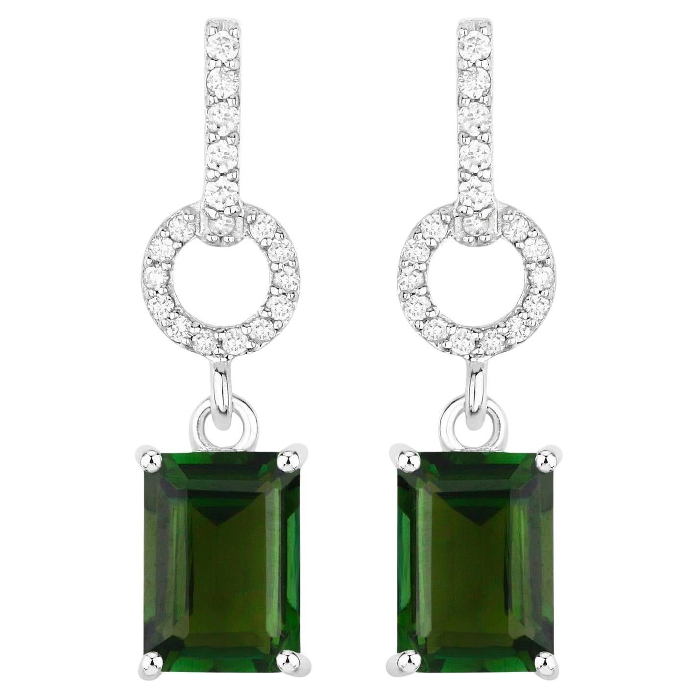Green Tourmaline Dangle Earrings Diamonds 2.26 Carats 14K White Gold