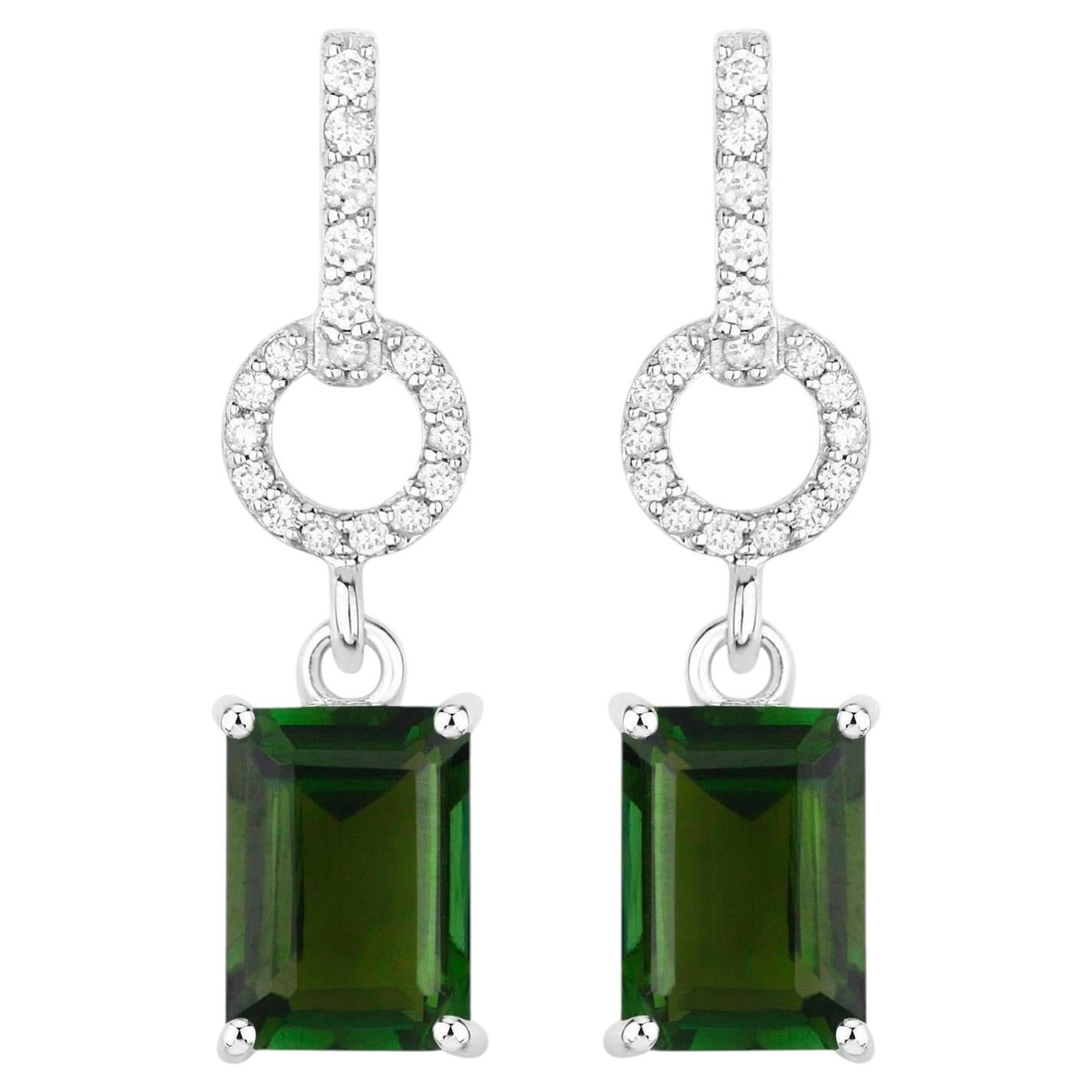 Green Tourmaline Dangle Earrings Diamonds 2.26 Carats 14K White Gold