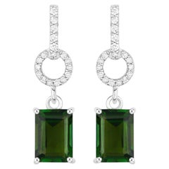 Boucles d'oreilles pendantes en tourmaline verte Diamants 2,26 carats Or blanc 14K