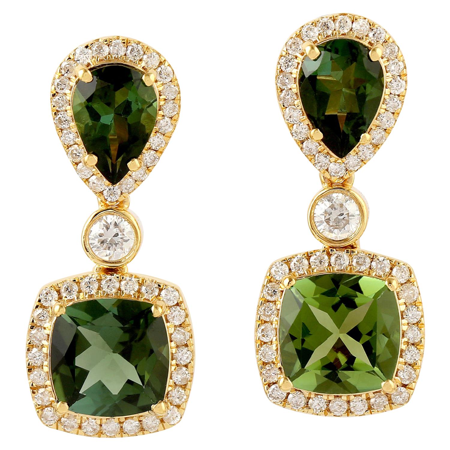 Green Tourmaline Diamond 18 Karat Gold Earrings For Sale