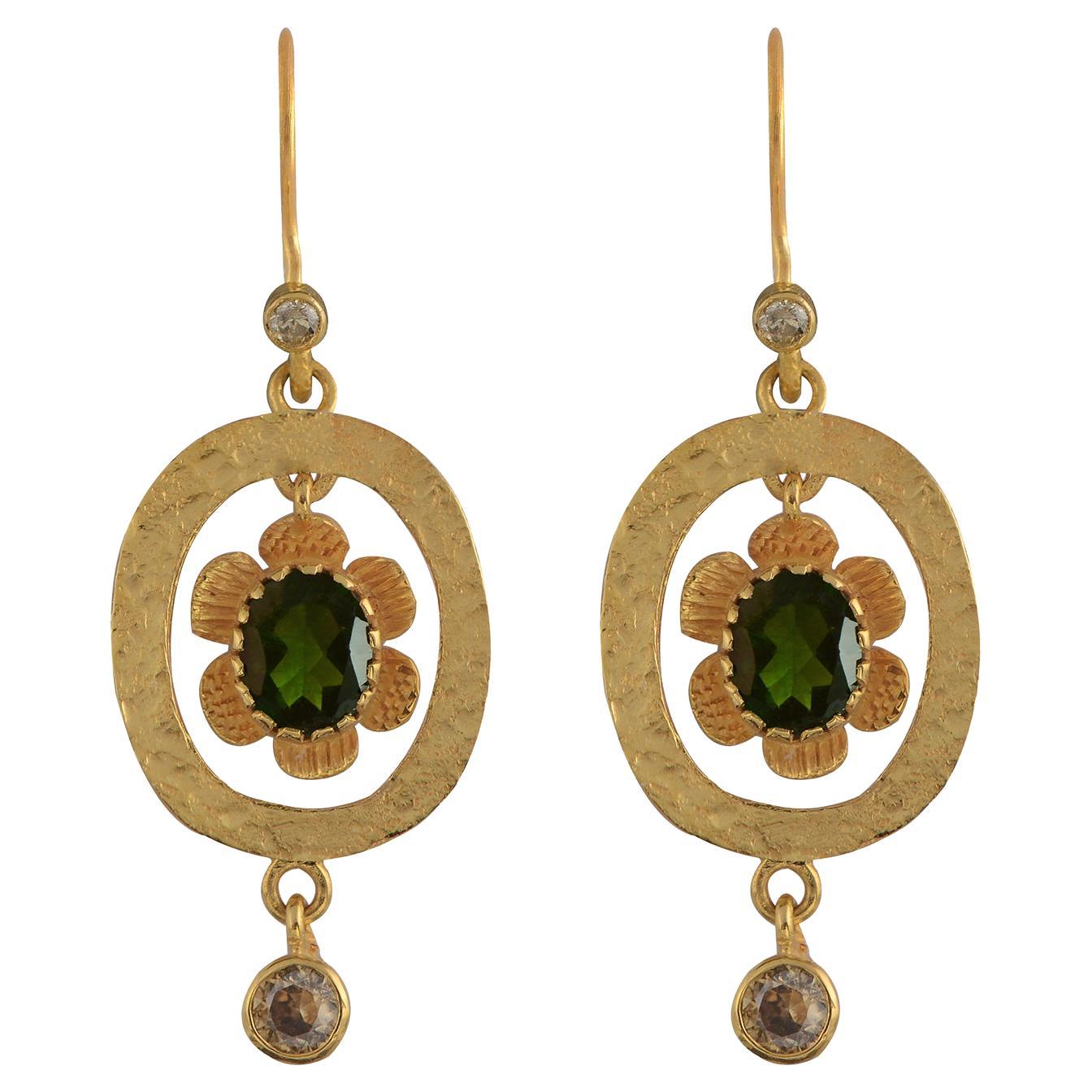 Green Tourmaline Diamond 18k Gold Dangle Earrings For Sale
