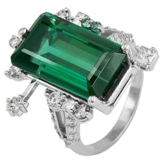 Green Tourmaline Diamond & 18K Space Age Ring 