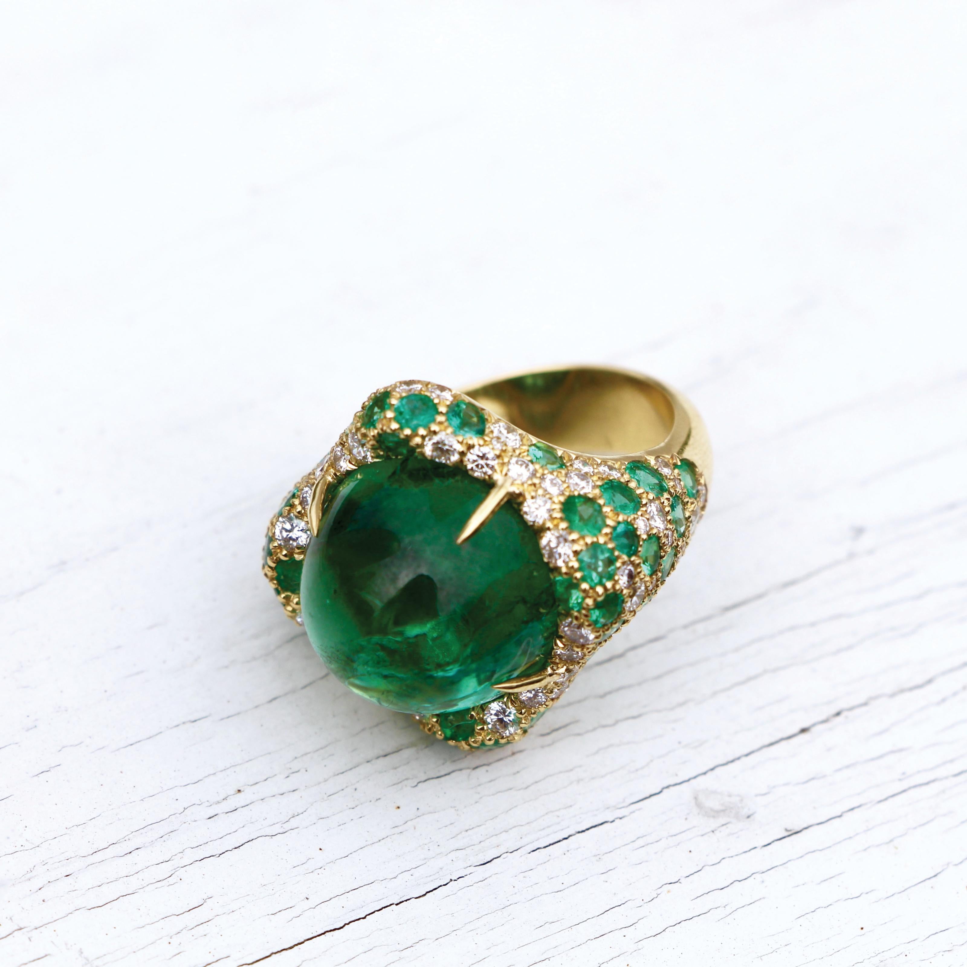 Contemporary Green Tourmaline, Diamond and Emerald 18 Karat Gold Ring