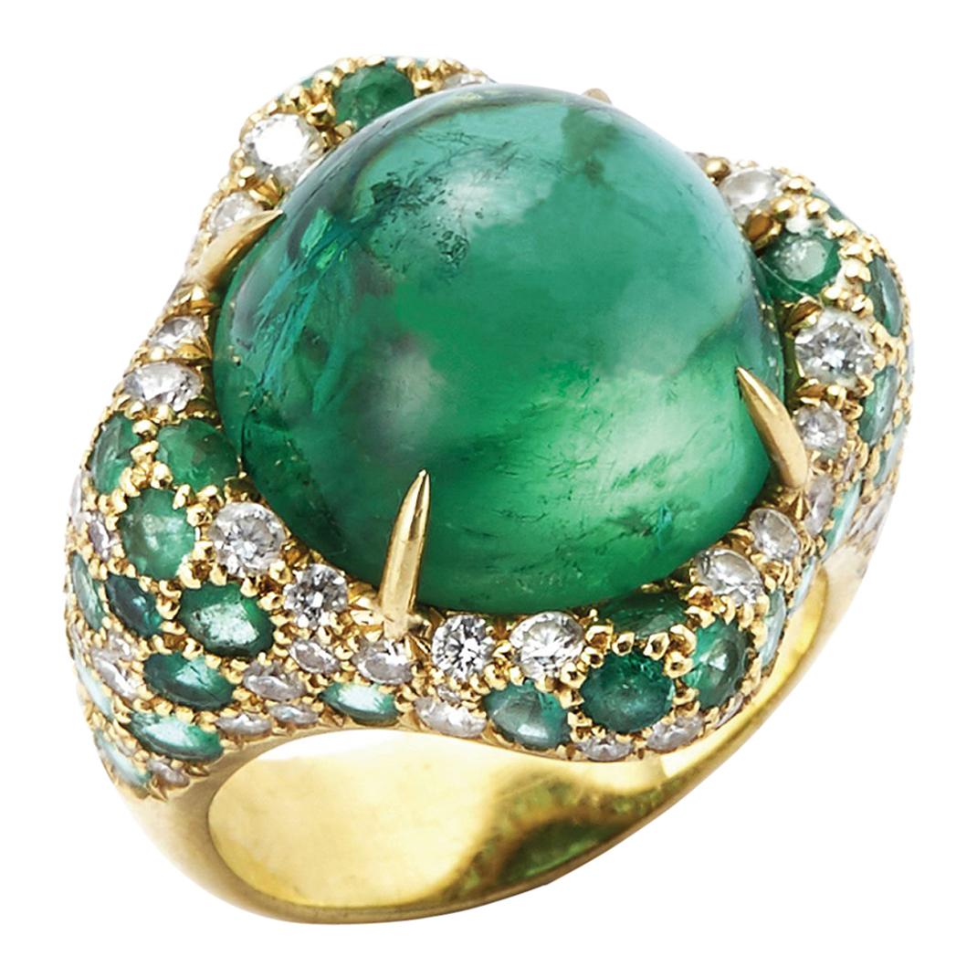Green Tourmaline, Diamond and Emerald 18 Karat Gold Ring