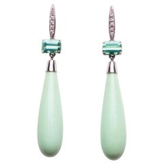 Green Tourmaline, Diamond and Green Opal Earrings Set in 18 Karat White Gold