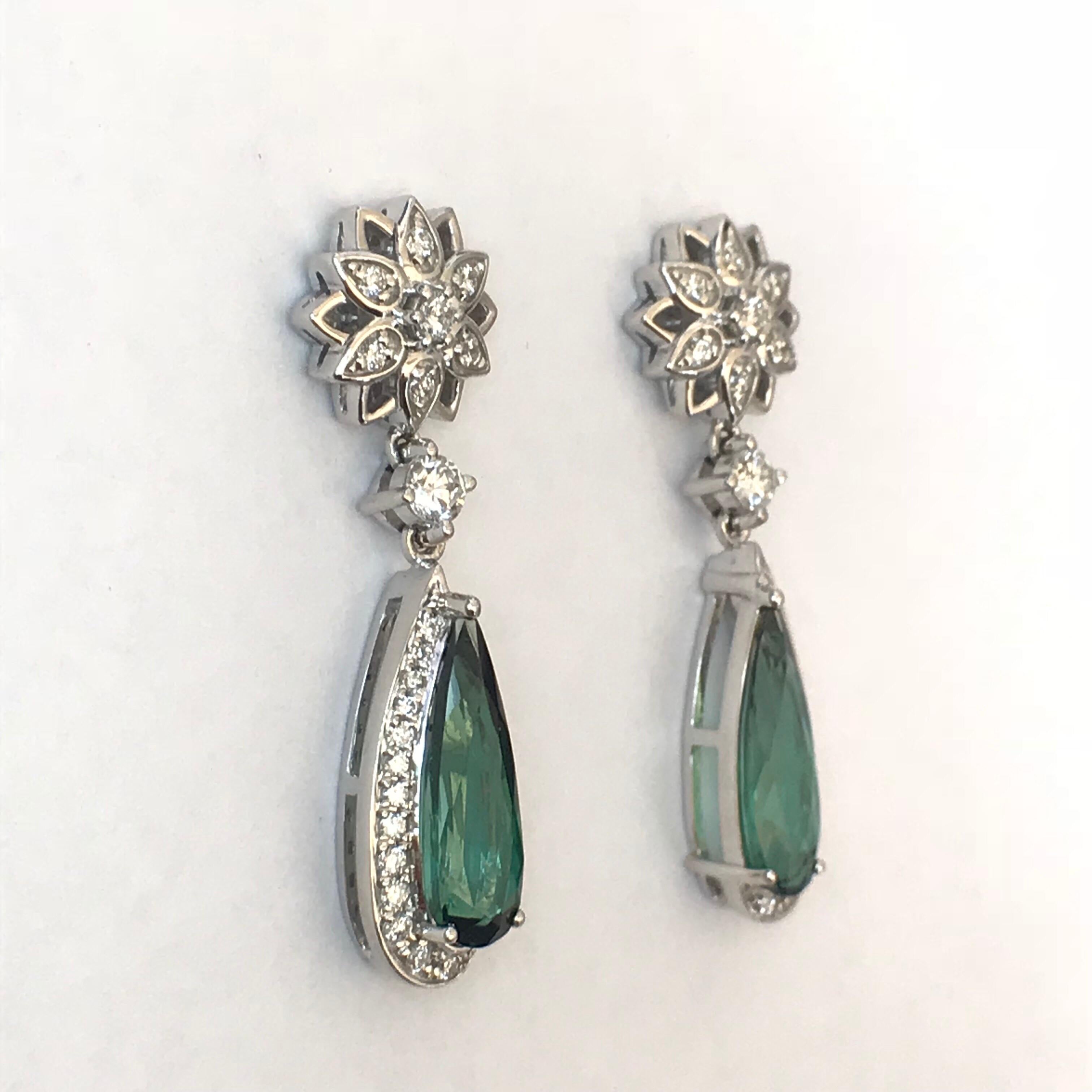 Pear Cut Green Tourmaline Diamond and White Gold Drop Earrings