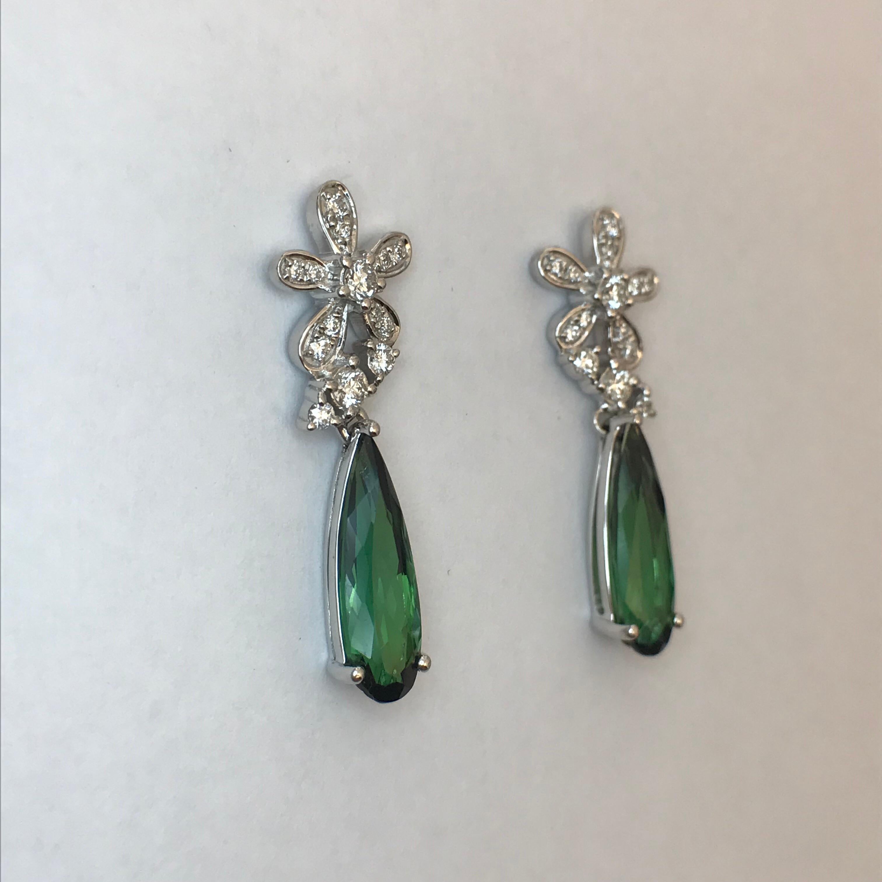 Pear Cut Green Tourmaline Diamond and White Gold Drop Earrings For Sale