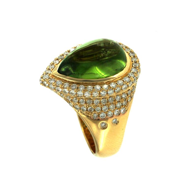 Art Deco Vintage 7ct. Green Tourmaline Diamond Cocktail Ring in 18 Karat Yellow Gold For Sale