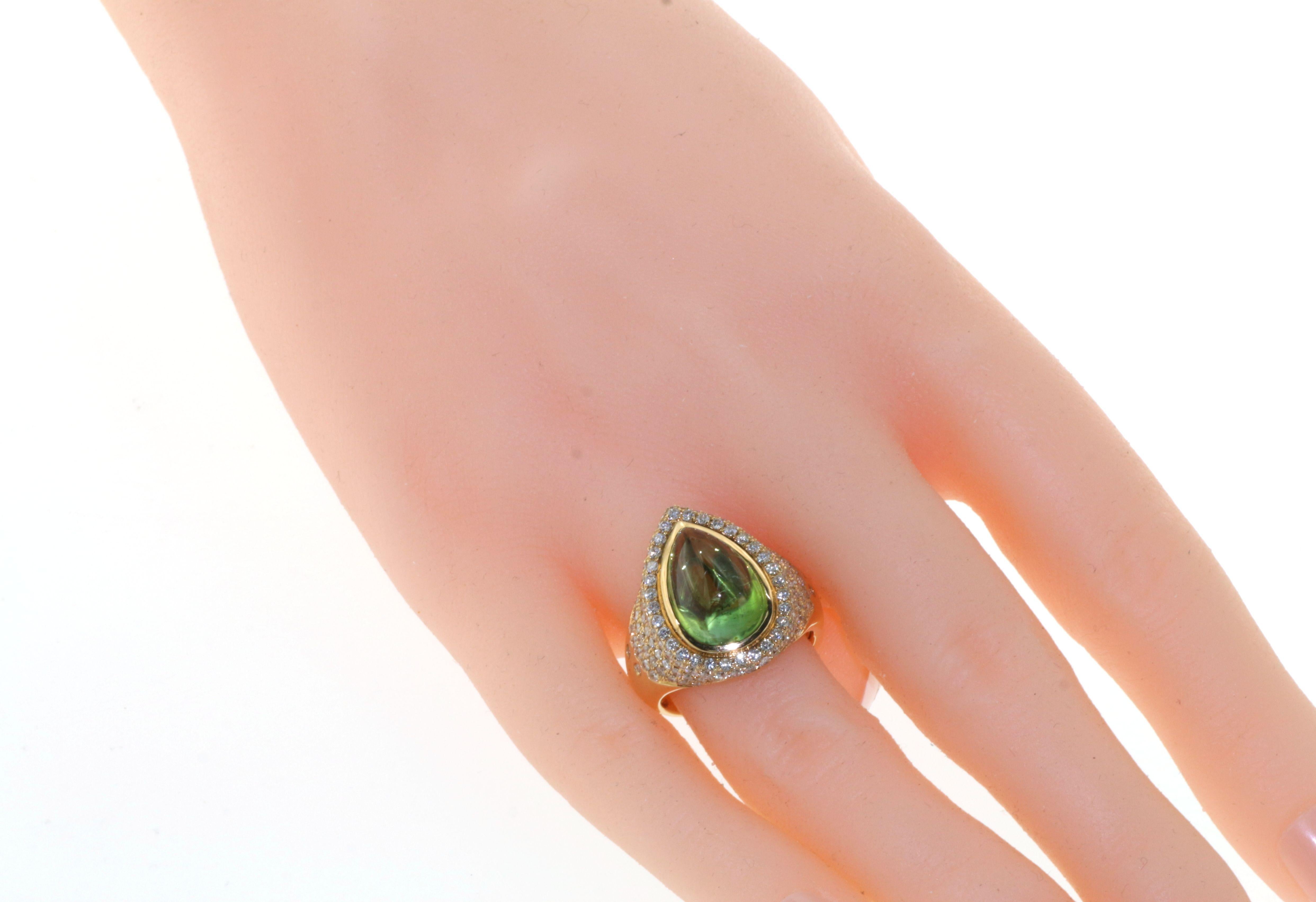 Pear Cut Vintage 7ct. Green Tourmaline Diamond Cocktail Ring in 18 Karat Yellow Gold For Sale