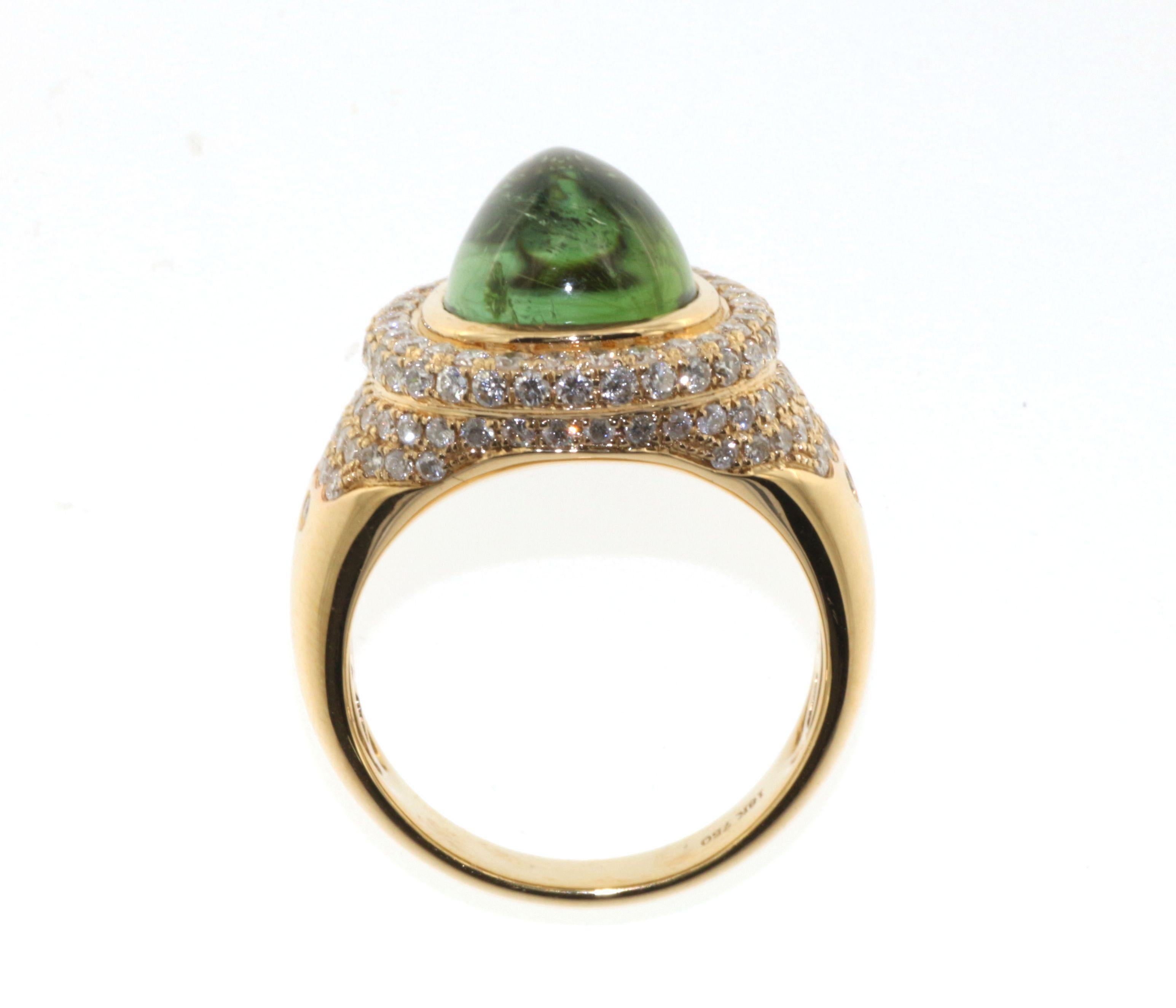Vintage 7ct. Green Tourmaline Diamond Cocktail Ring in 18 Karat Yellow Gold In New Condition For Sale In Hong Kong, HK