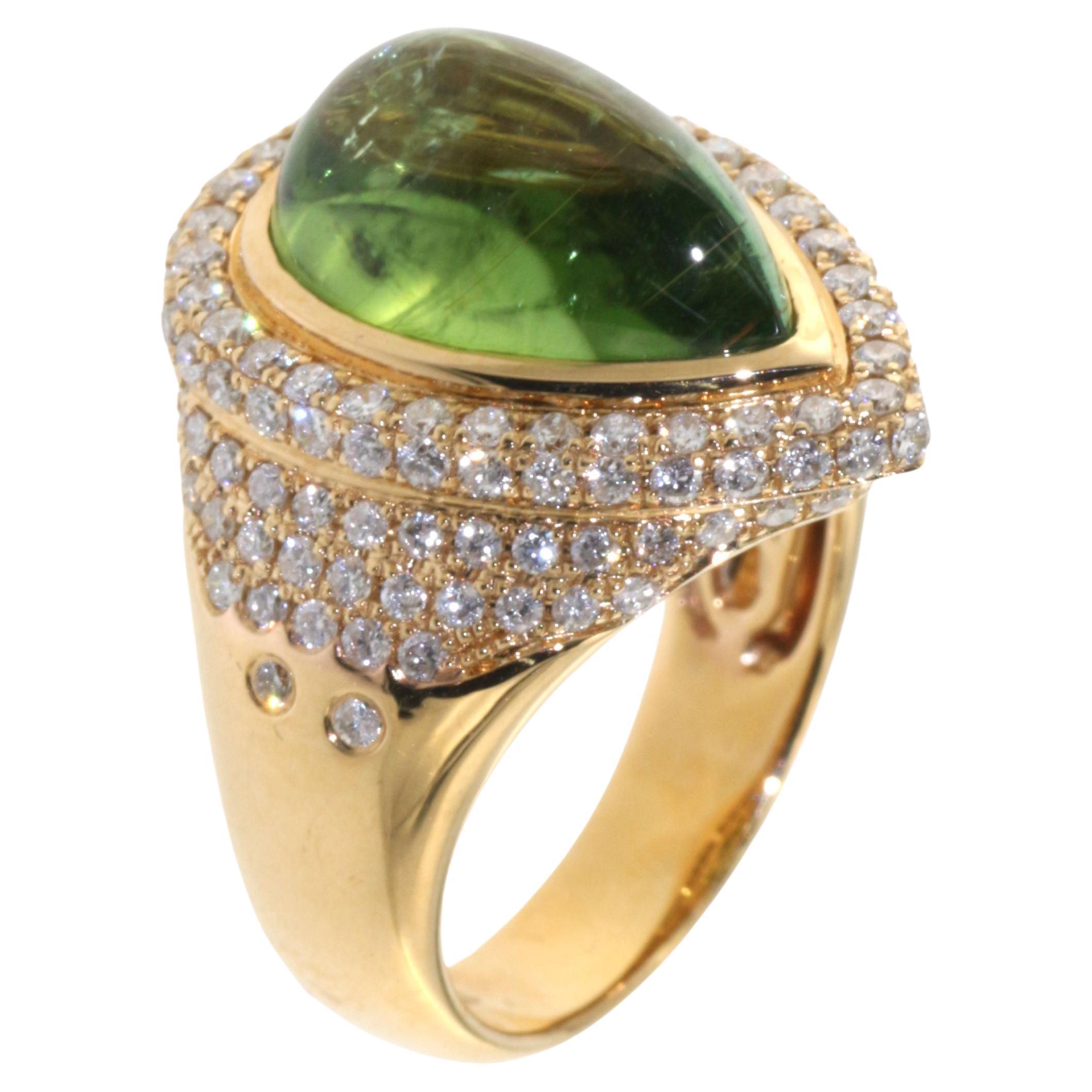 Vintage 7ct. Green Tourmaline Diamond Cocktail Ring in 18 Karat Yellow Gold For Sale