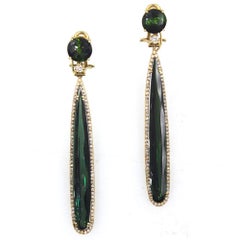Green Tourmaline Diamond Dangle 18 Karat Yellow Gold Earrings