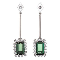 Green Tourmaline Diamond Drop Earrings Vintage 18 Karat White Gold Square Dangle