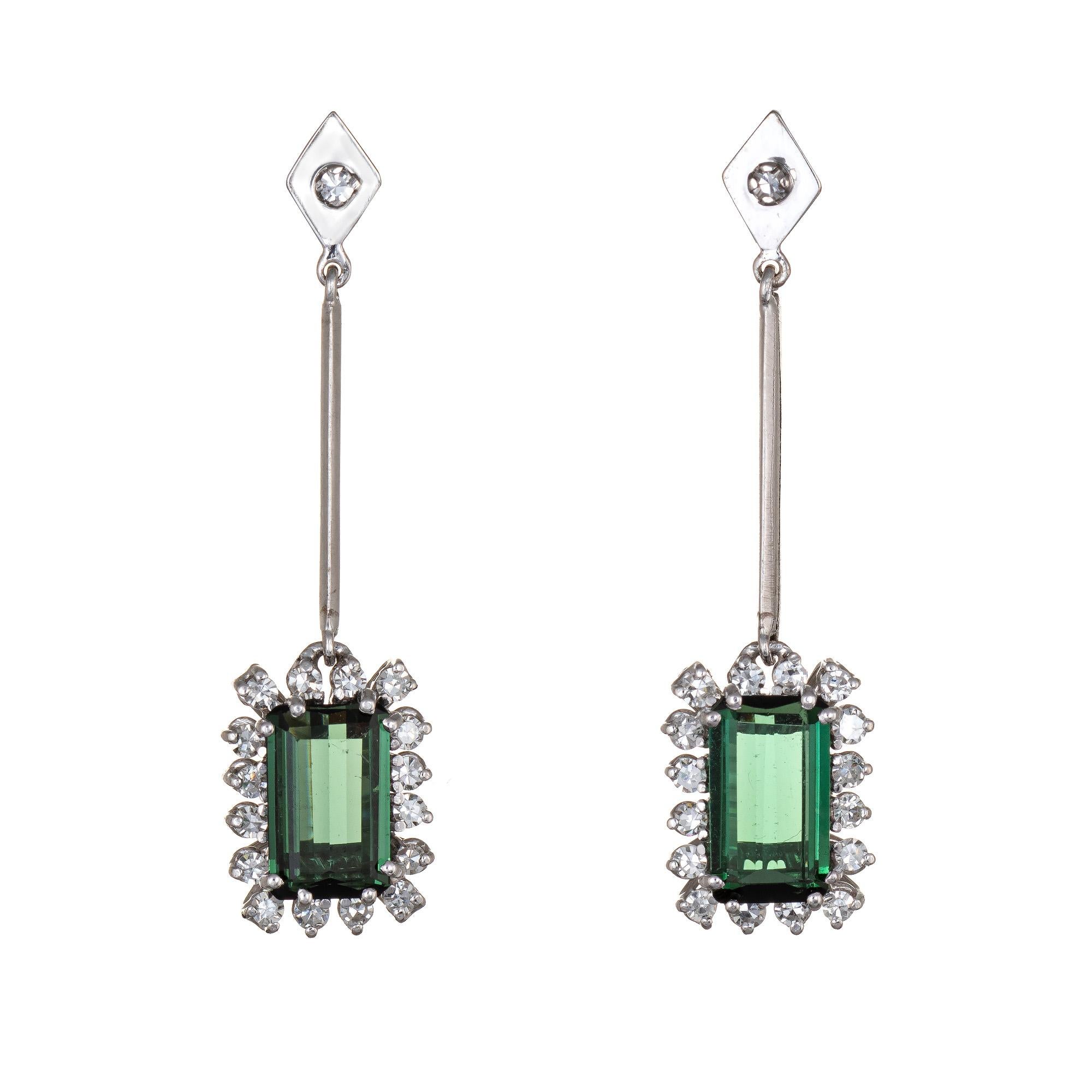 Emerald Cut Green Tourmaline Diamond Drop Earrings Vintage 18 Karat White Gold Square Dangle