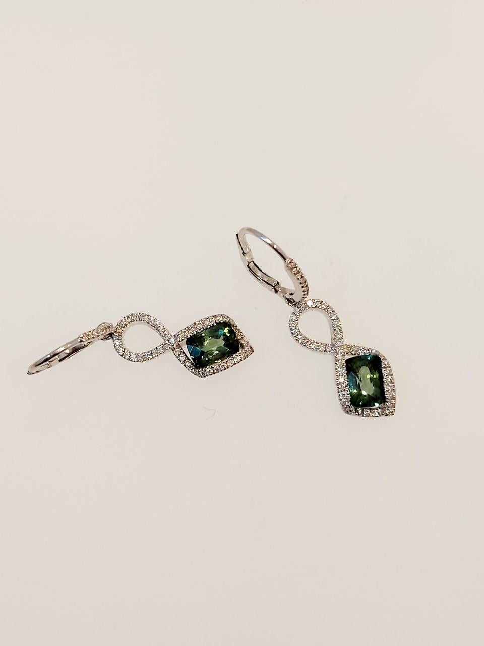 Emerald Cut Green Tourmaline & Diamond Earrings