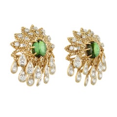 Pendants d'oreilles grappe en or avec tourmaline verte et diamants