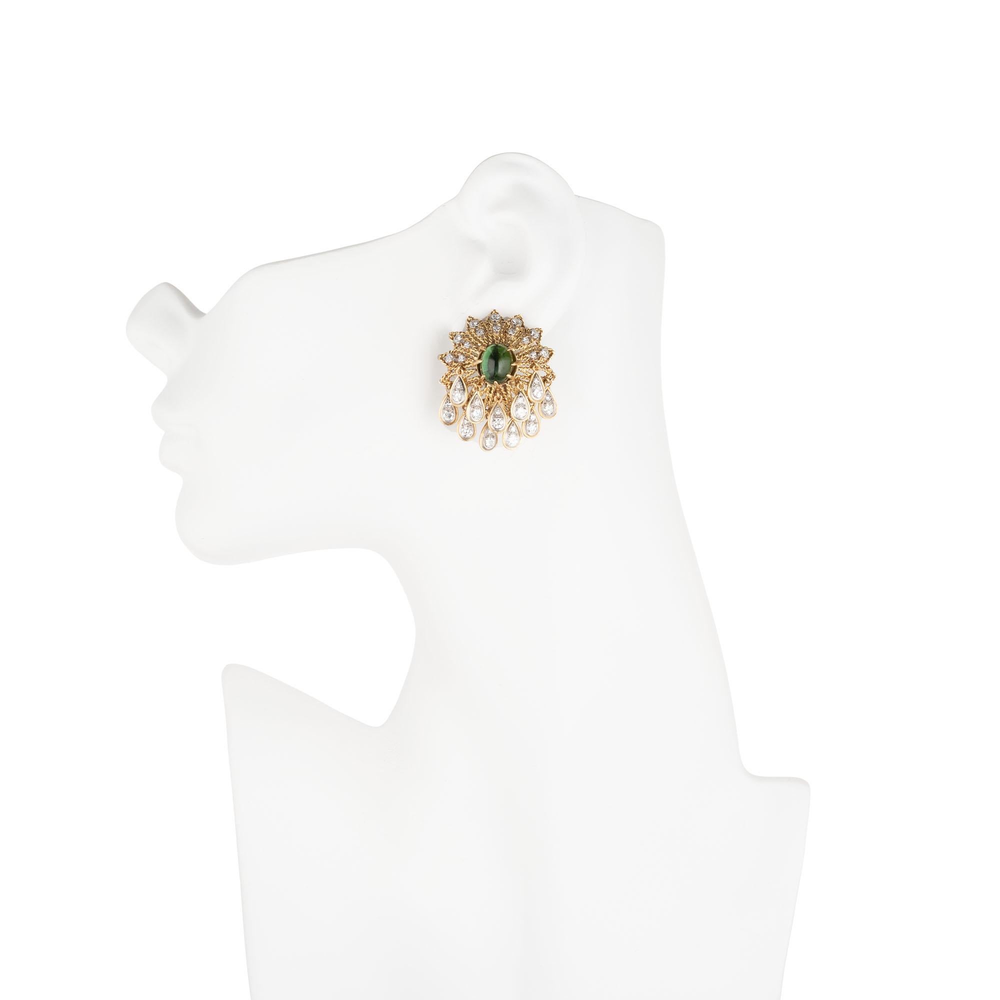 Oval Cut Green Tourmaline Diamond Gold Cluster Dangle Earrings For Sale