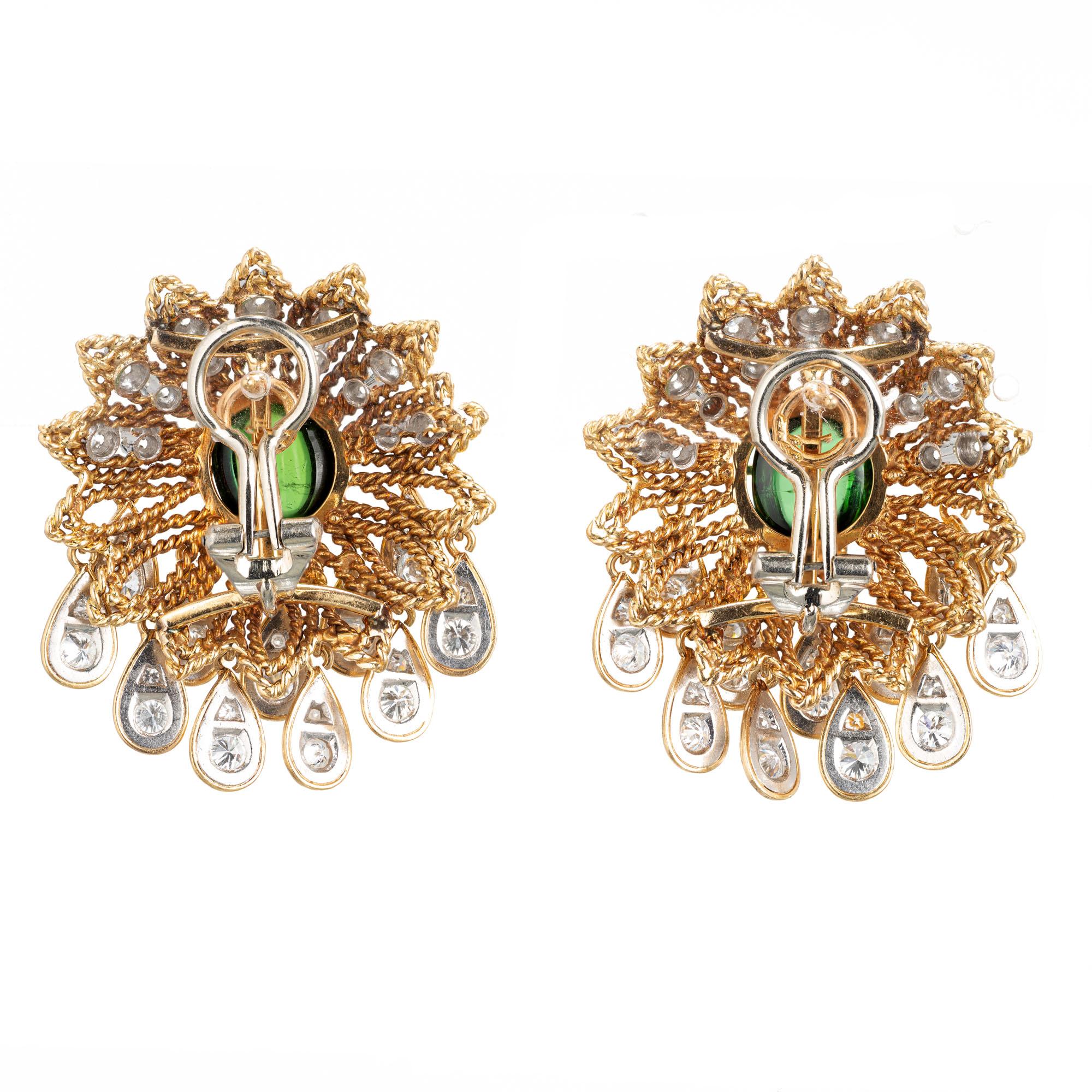 Green Tourmaline Diamond Gold Cluster Dangle Earrings In Excellent Condition For Sale In Stamford, CT