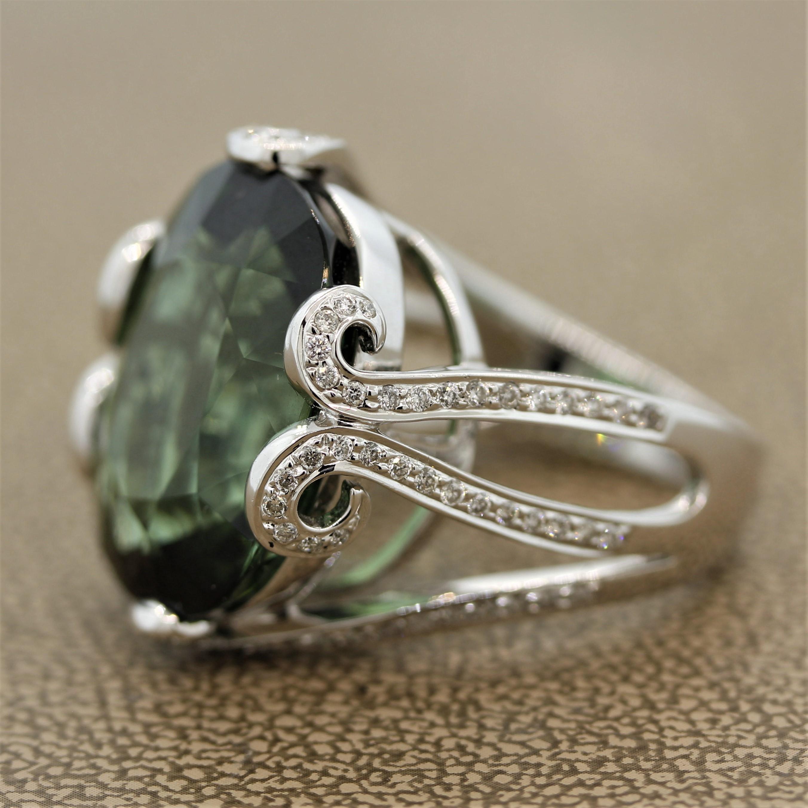 Oval Cut Green Tourmaline Diamond Gold Cocktail Ring