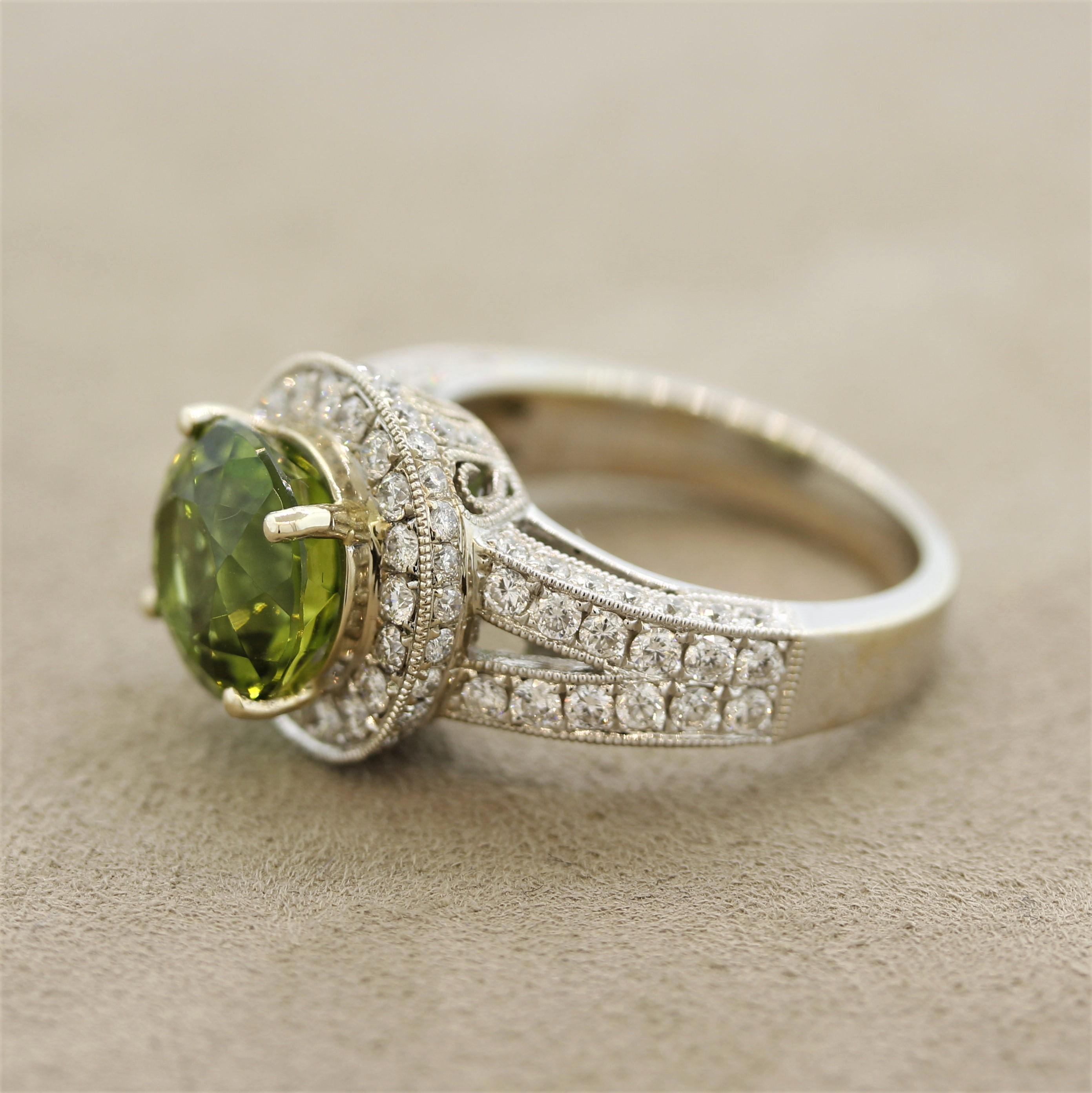 Round Cut Green Tourmaline Diamond Gold Ring For Sale
