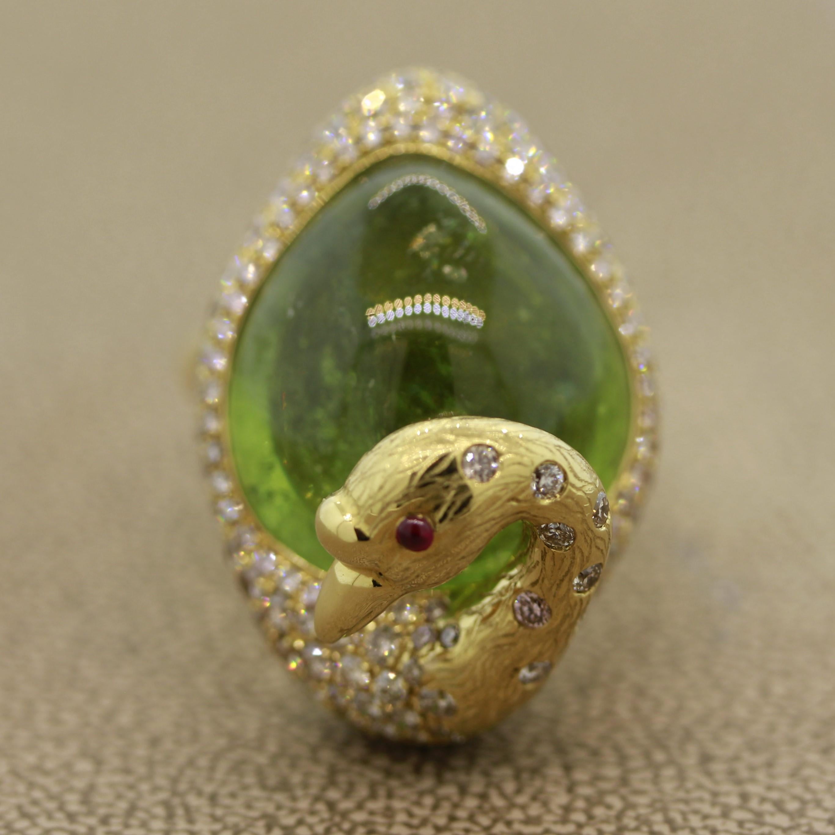 Oval Cut Green Tourmaline Diamond Gold Swan Ring For Sale