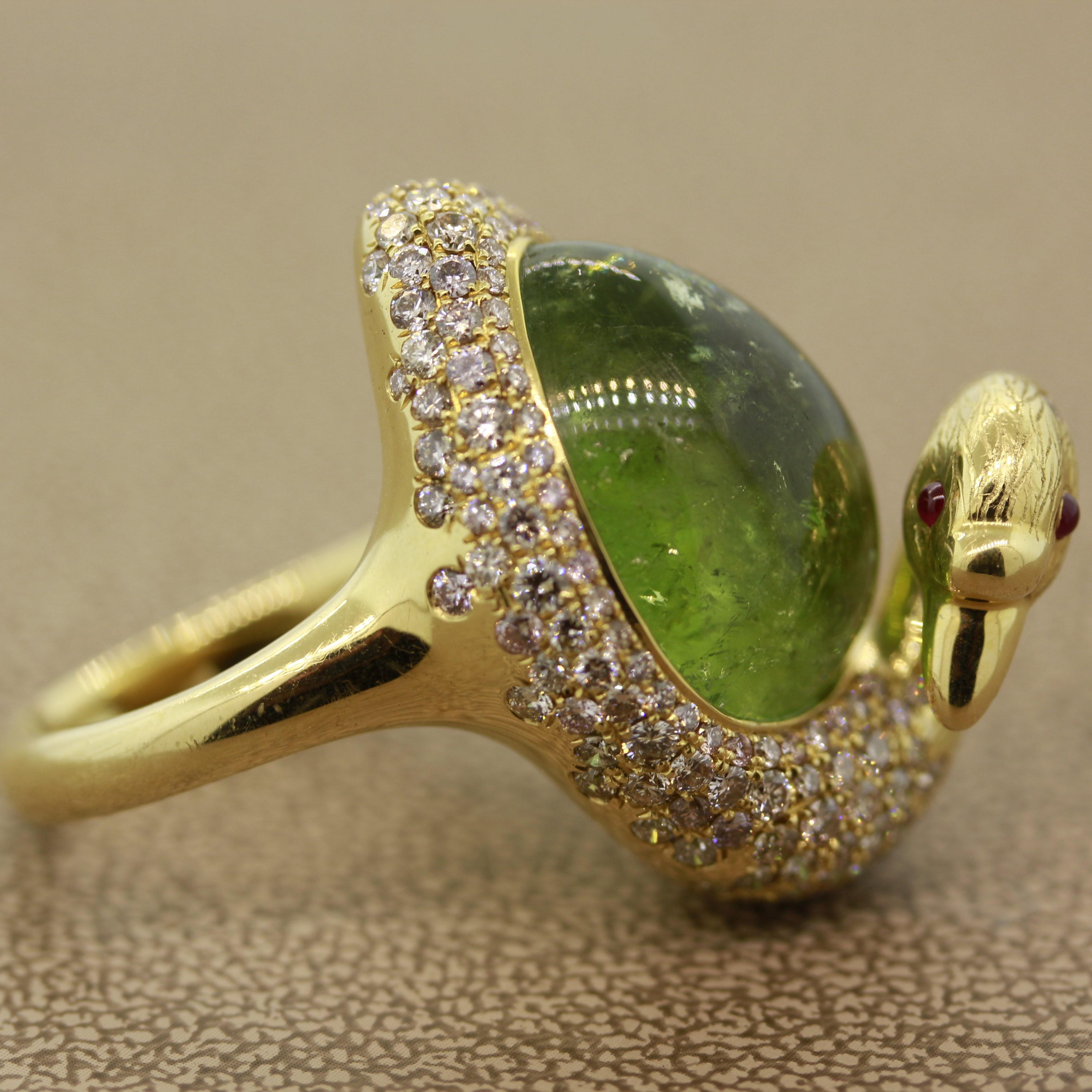 Green Tourmaline Diamond Gold Swan Ring For Sale 1