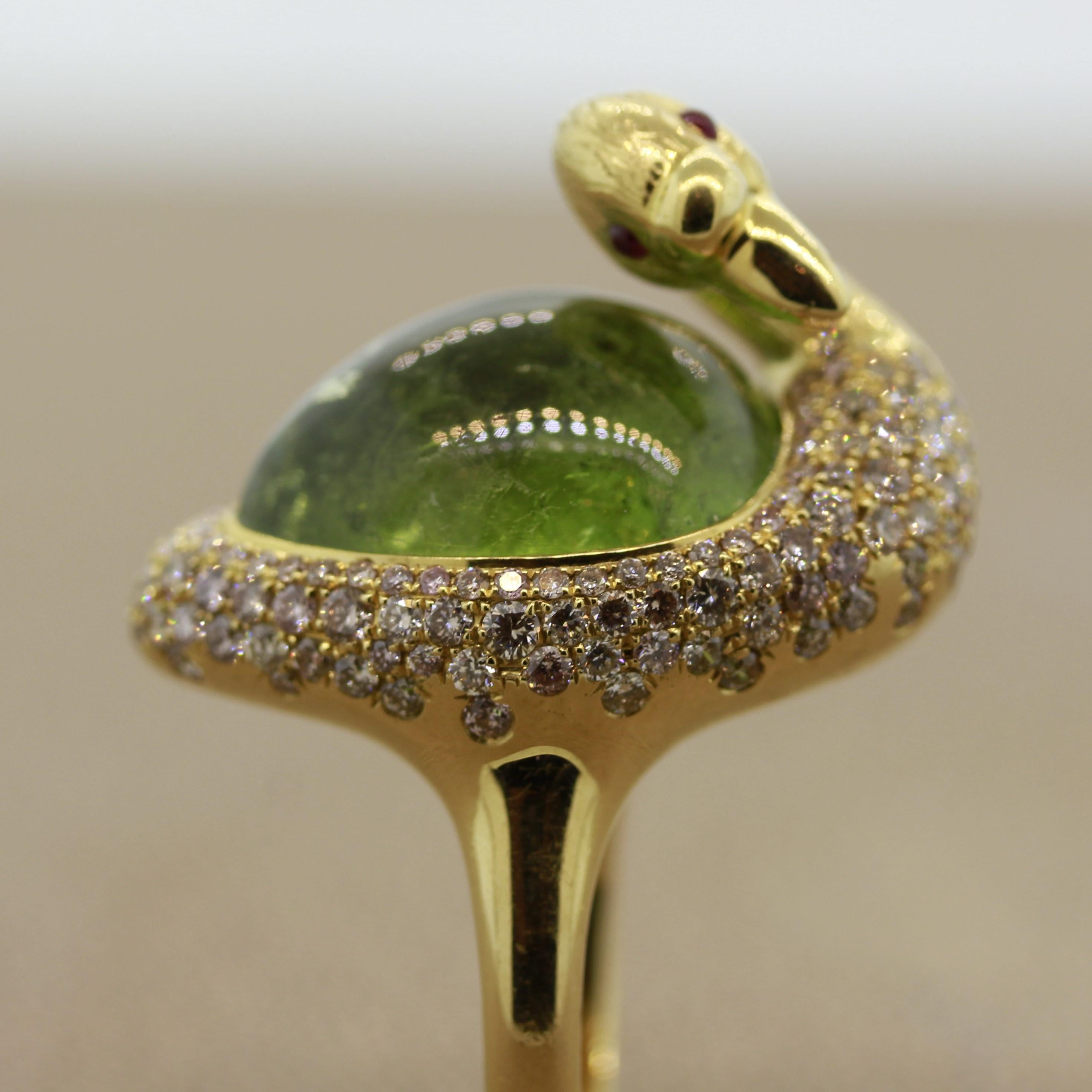 Green Tourmaline Diamond Gold Swan Ring For Sale 2