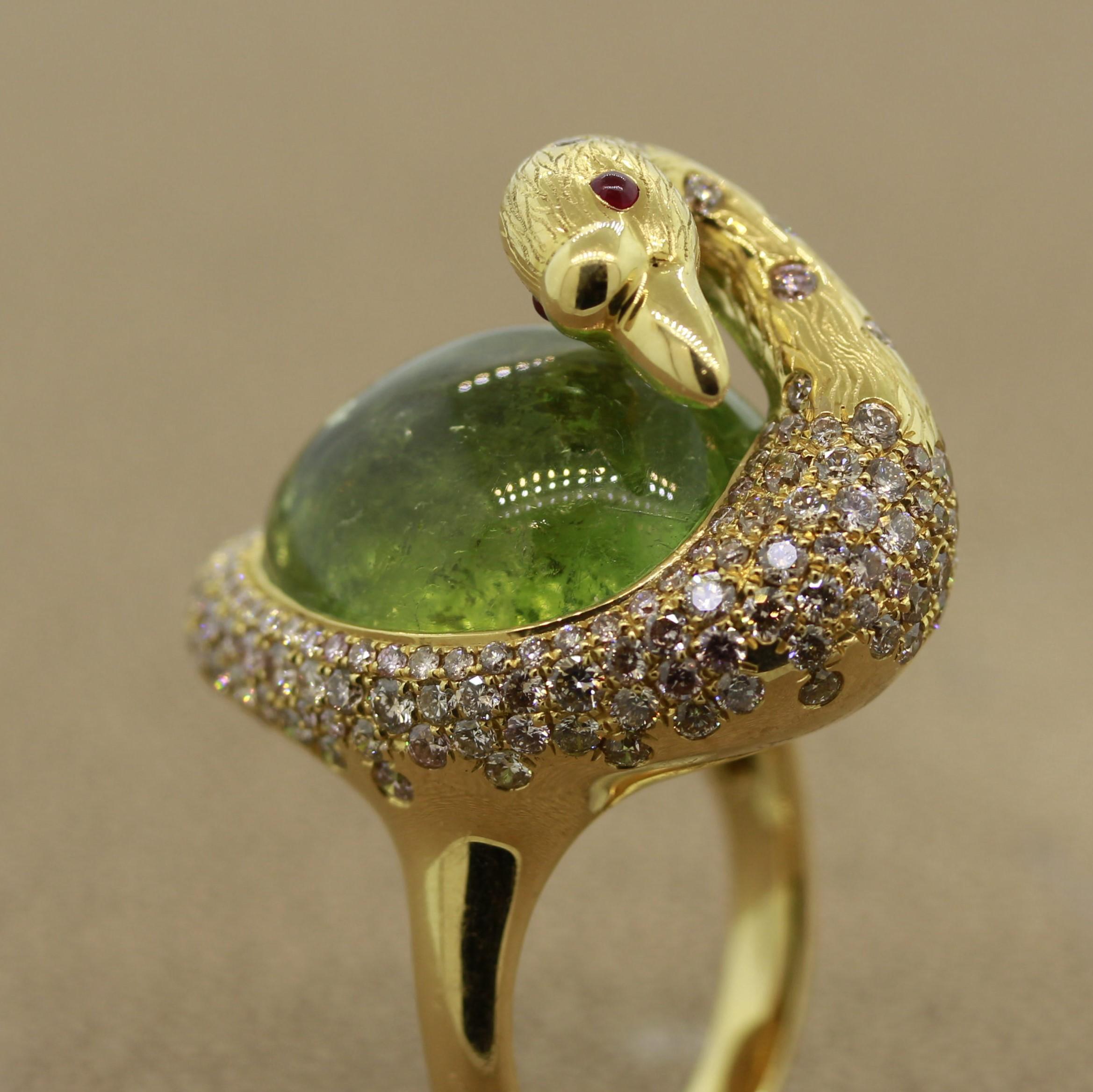 Green Tourmaline Diamond Gold Swan Ring For Sale 3