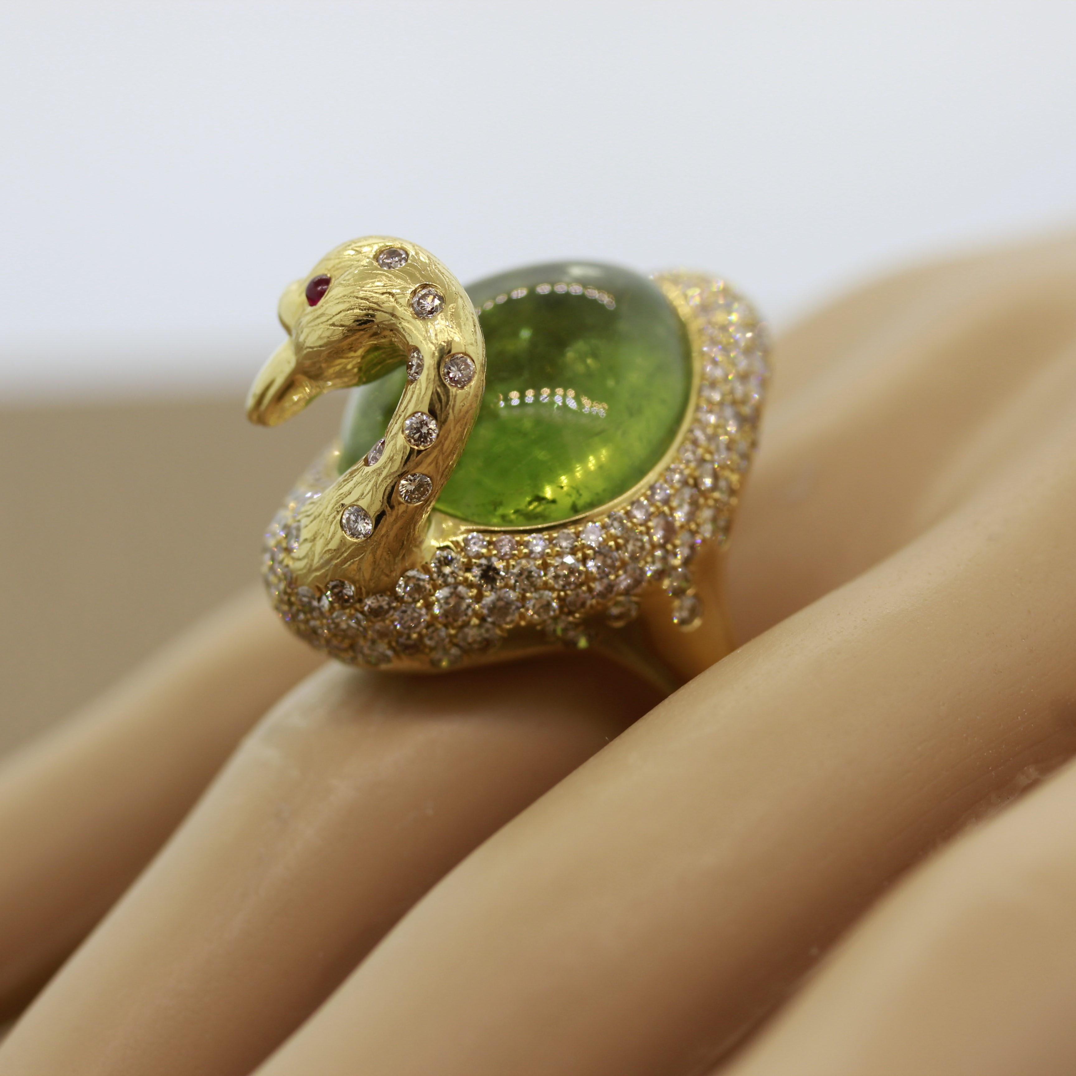 Green Tourmaline Diamond Gold Swan Ring For Sale 4