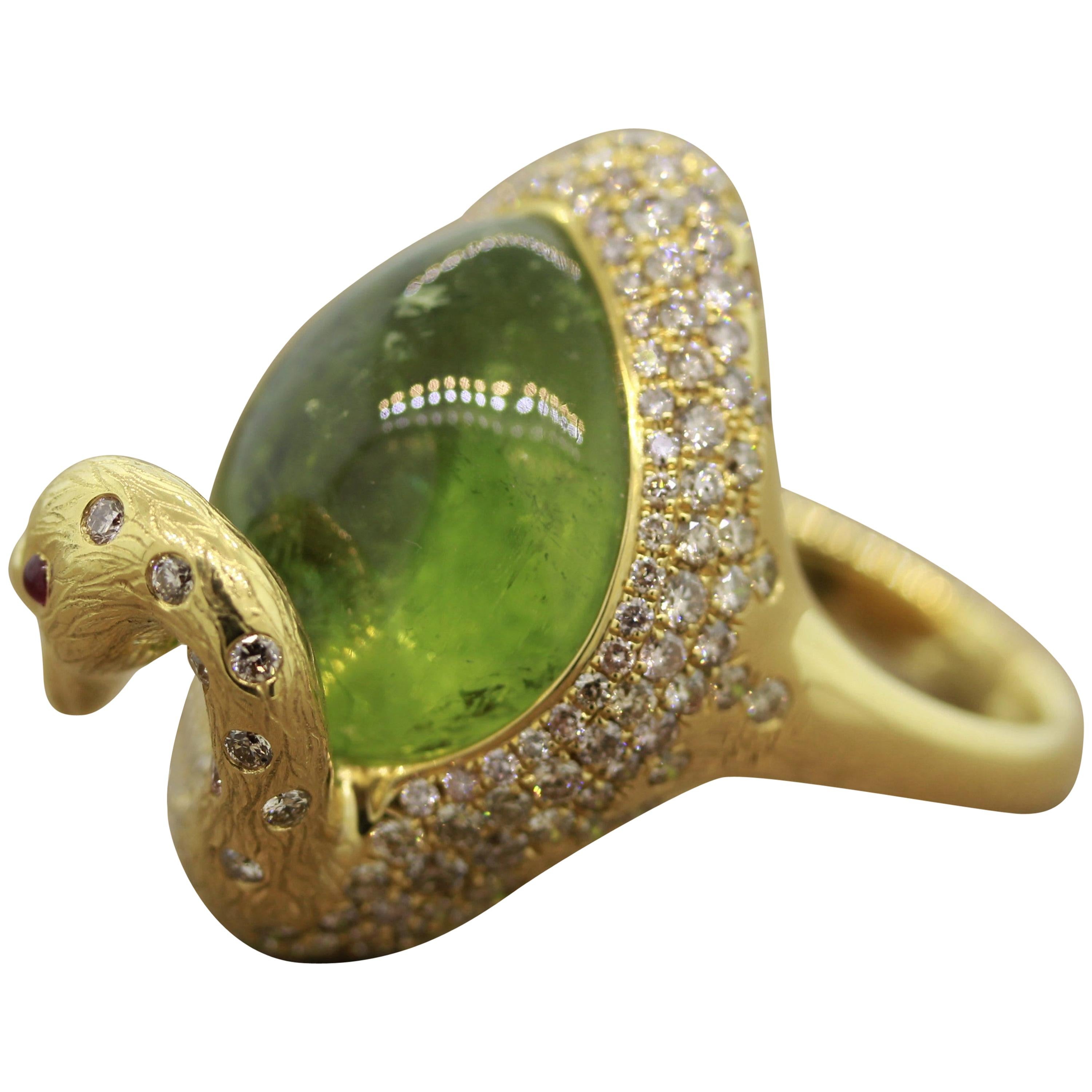 Green Tourmaline Diamond Gold Swan Ring For Sale