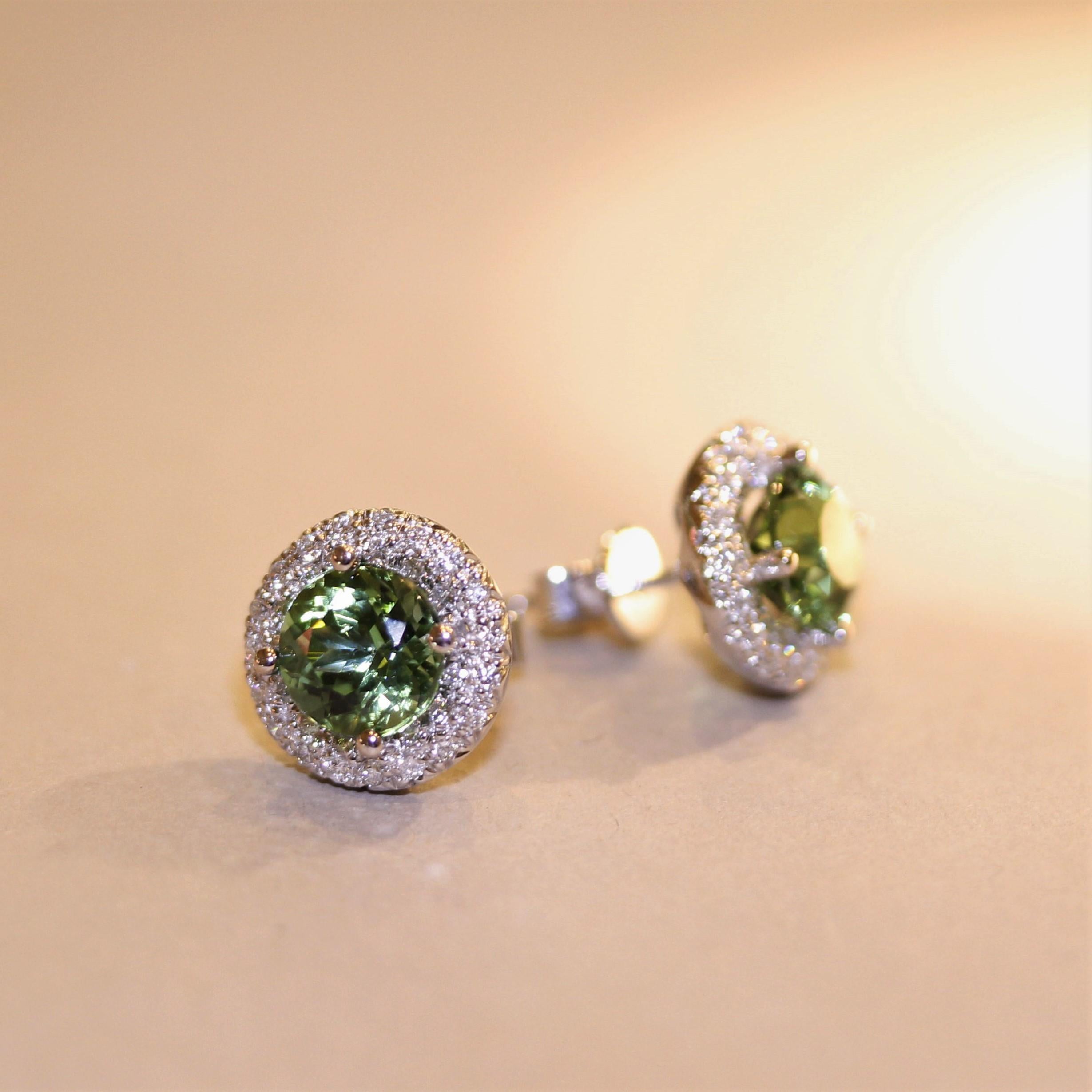 Round Cut Green Tourmaline Diamond Halo Gold Stud Earrings