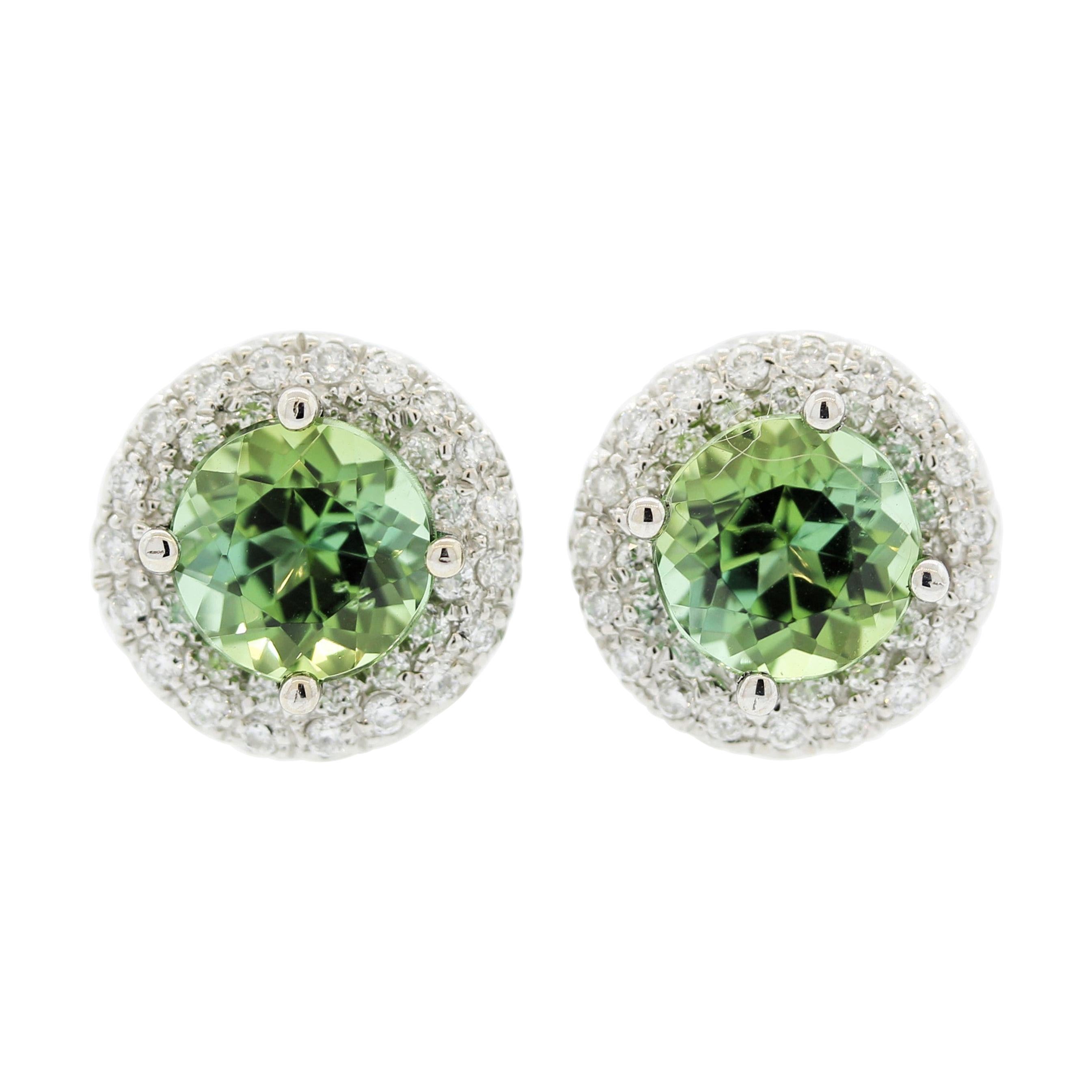 Green Tourmaline Diamond Halo Gold Stud Earrings