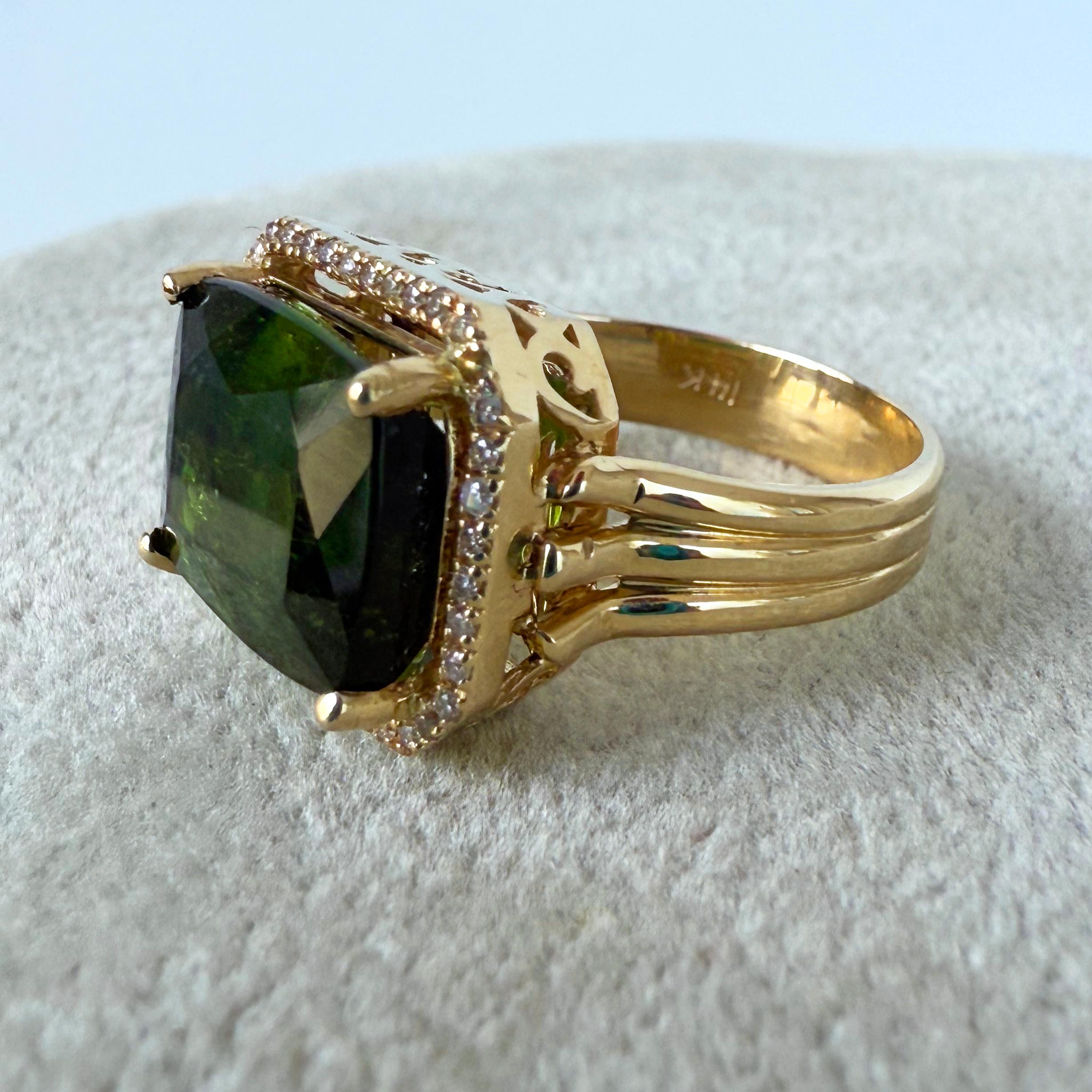 Emerald Cut Green Tourmaline & Diamond Halo Ring with Solid 14k Yellow Gold For Sale