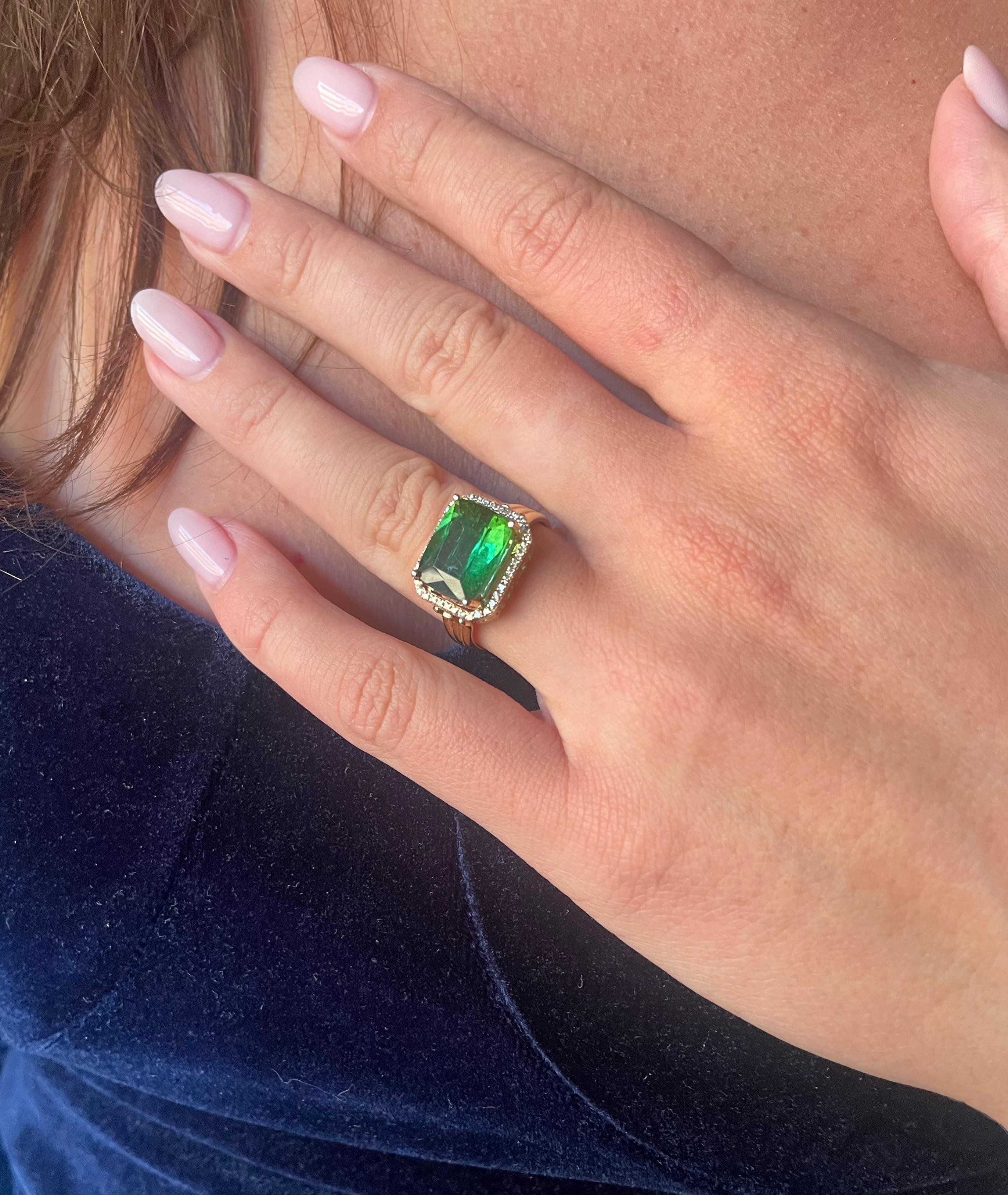 Artisan Green Tourmaline & Diamond Halo Ring with Solid 14k Yellow Gold For Sale