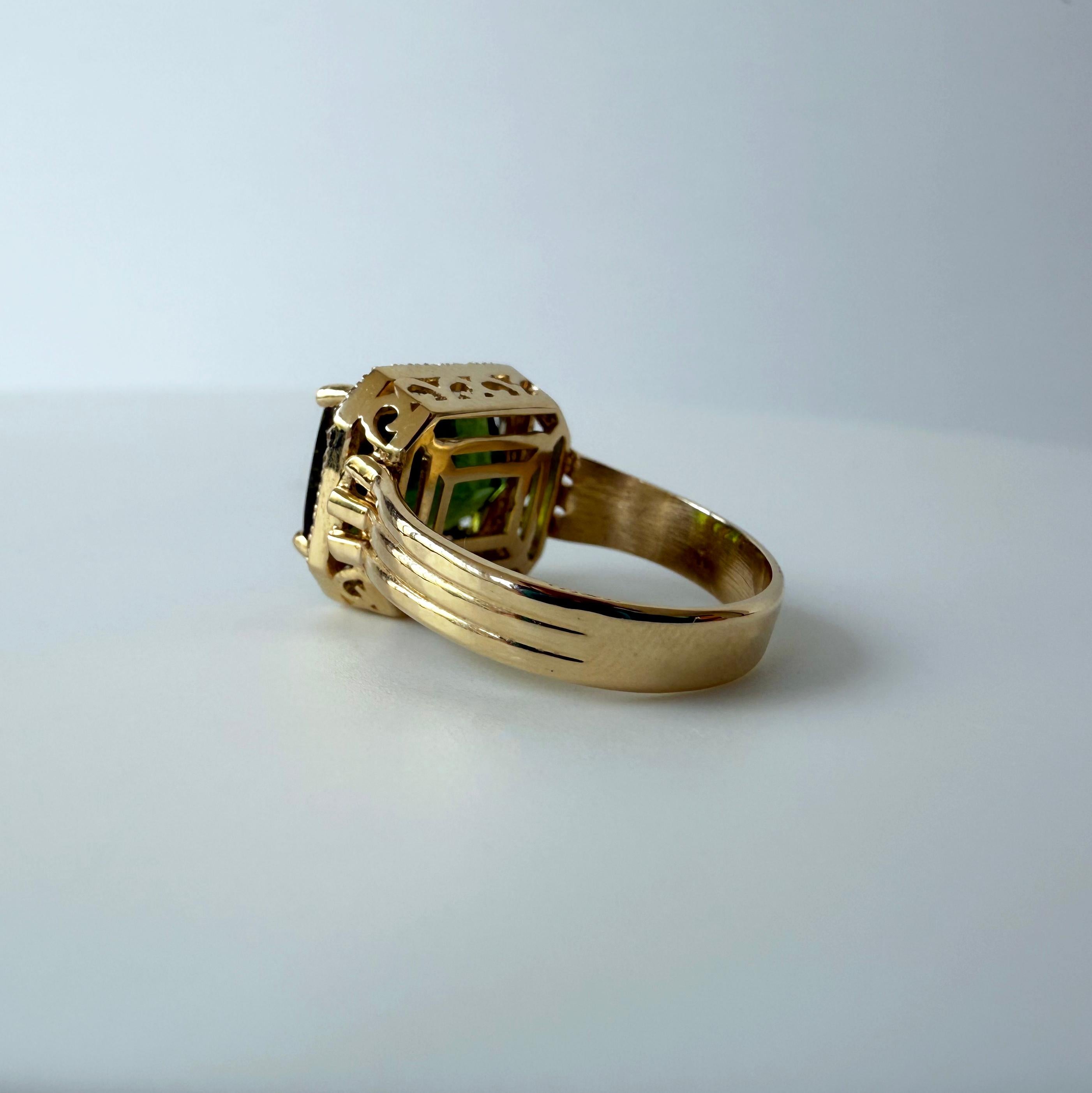 Women's Green Tourmaline & Diamond Halo Ring with Solid 14k Yellow Gold For Sale